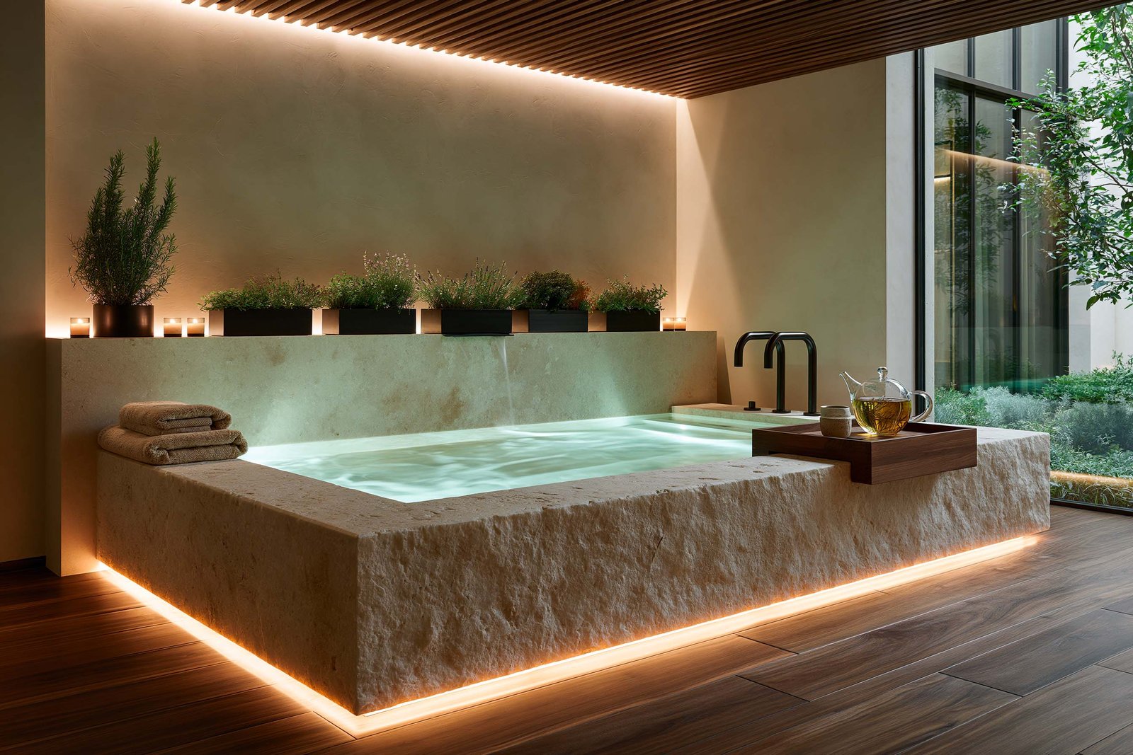 Bassin chaud d’un spa à Monaco, bain immersif en bloc de travertin clair rétro-éclairé LED 2700K, bandeau d’herbes aromatiques en jardinières acier noirci sur niche murale, plateau de tisane et linge écru en bord de bassin.