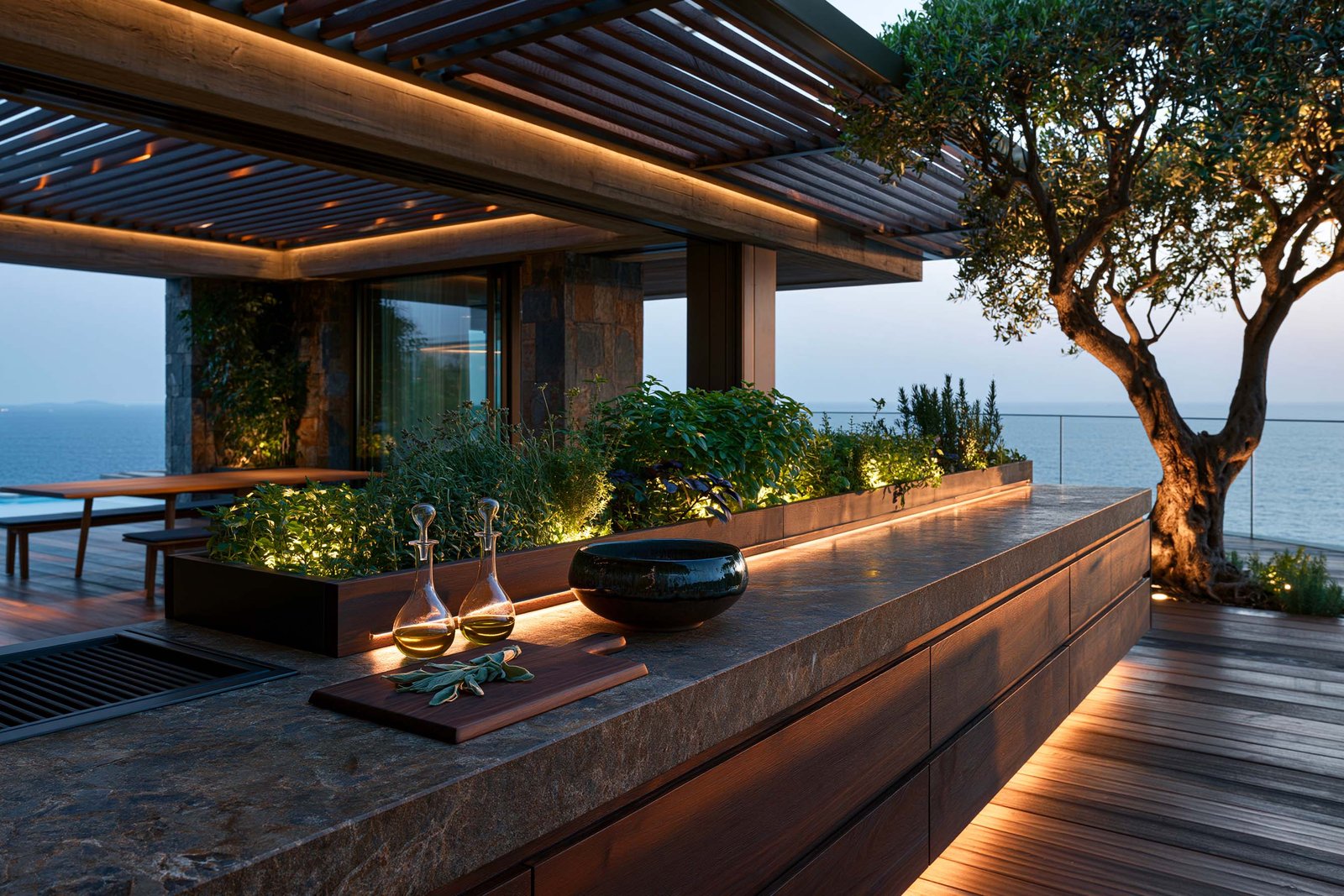 Cuisine extérieure et potager aromatique d’une villa à Cap-Ferrat, plan de travail bas en Pietra Serena et noyer fumé, jardinières maçonnées intégrées avec herbes aromatiques harvestables, vue sur la mer Méditerranée au coucher du soleil.