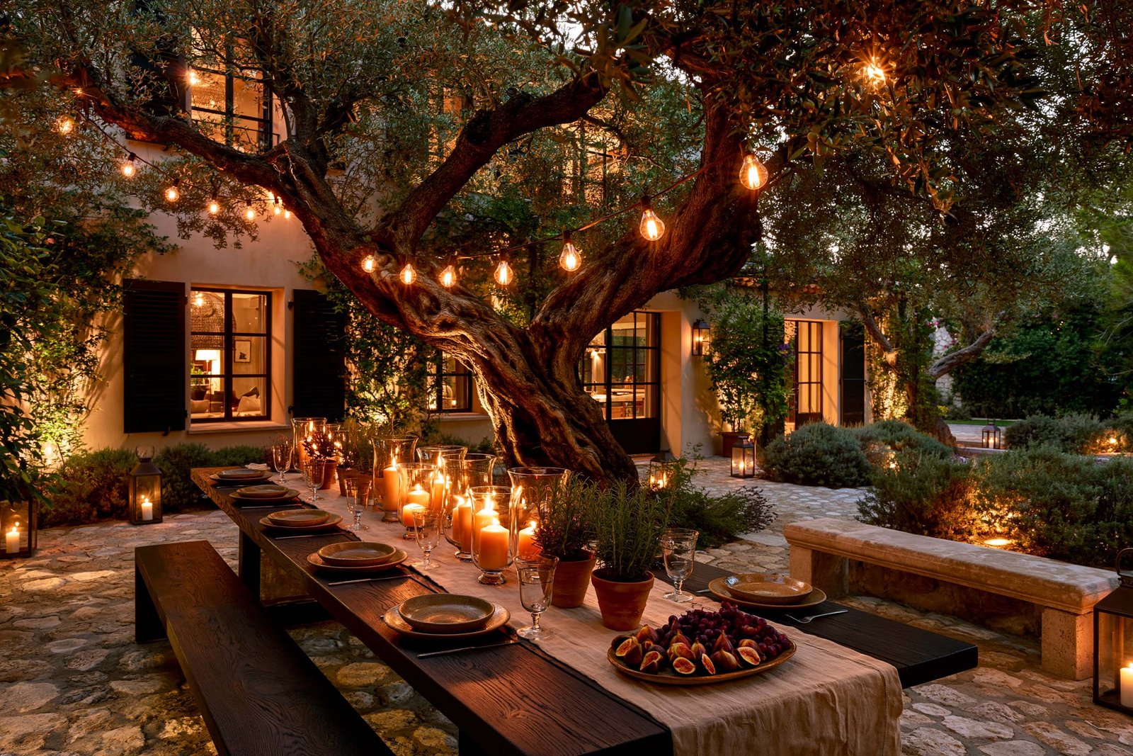 Dîner aux chandelles d’une villa à Saint-Jean-Cap-Ferrat, longue table en noyer fumé dressée sous un olivier mature, façade contemporaine en stucco lustro chaud, guirlande lumineuse 2700K et bougeoirs en verre soufflé, ambiance nocturne calme.