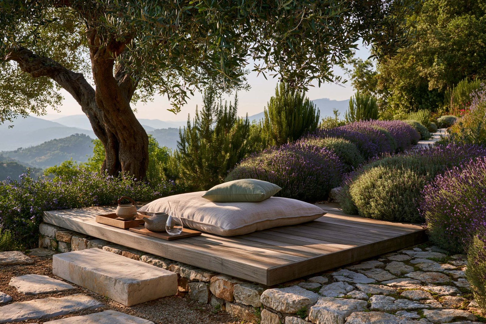 Plateforme de méditation d’une villa à Tourrettes-sur-Loup, deck bas en chêne thermotraité avec coussin tatami écru, oliviers et masses de Lavandula angustifolia, vue sur les collines de l’arrière-pays méditerranéen au coucher du soleil.
