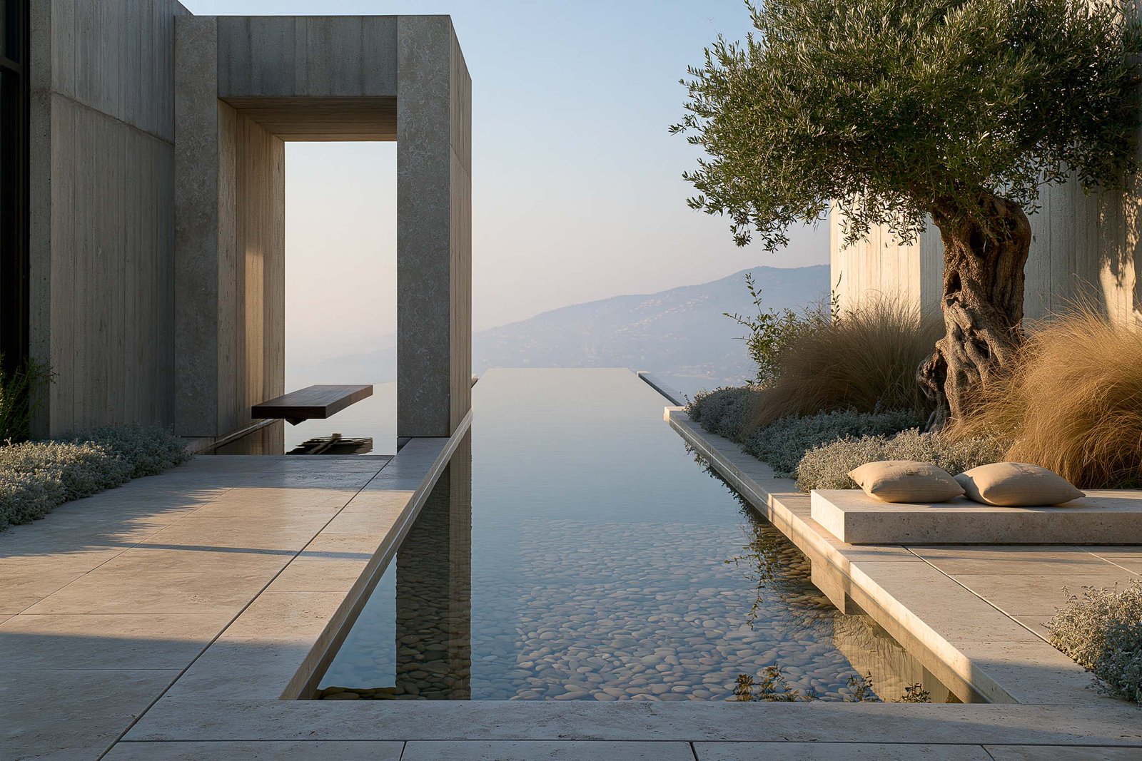 Jardin d’eau contemplatif d’une villa à Èze, long bassin réflectif rectangulaire au bord de l’infini, banc cantilever en noyer fumé, murs en travertin clair contemporains à linteau droit, olivier mature et masses de graminées, vue dégagée sur les collines de l’arrière-pays méditerranéen.