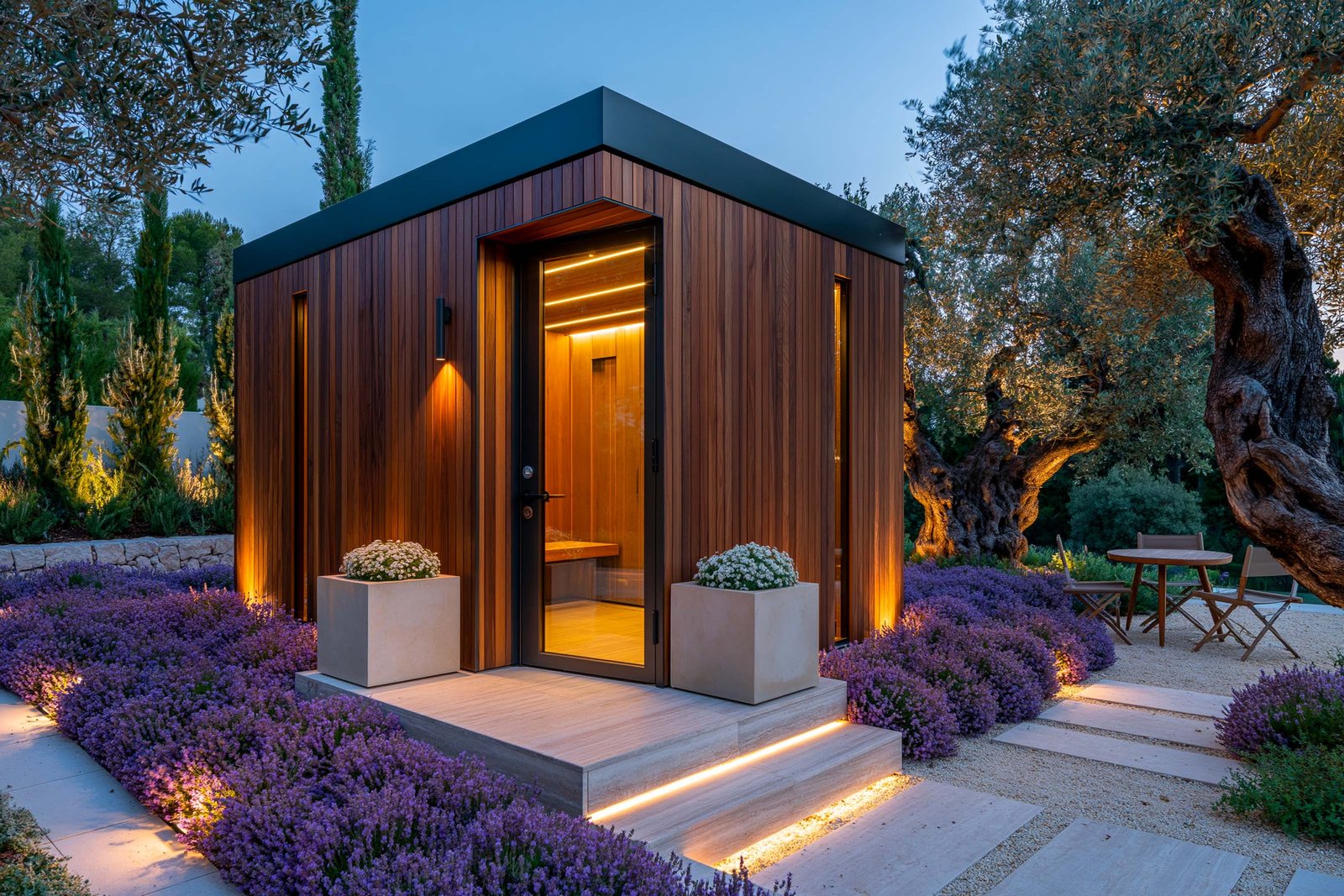 Sauna botanique de jardin d’une villa à Vence, cabine sauna autonome en bardage noyer fumé et vitrage acier noirci, plateforme en travertin clair, masses de Lavandula angustifolia et oliviers matures, ambiance de fin d’après-midi méditerranéenne.