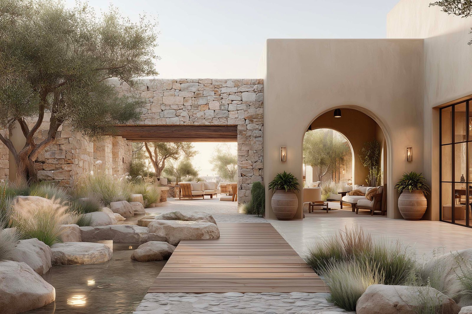Wellness and spa garden integrating aromatic plants and calming spatial design