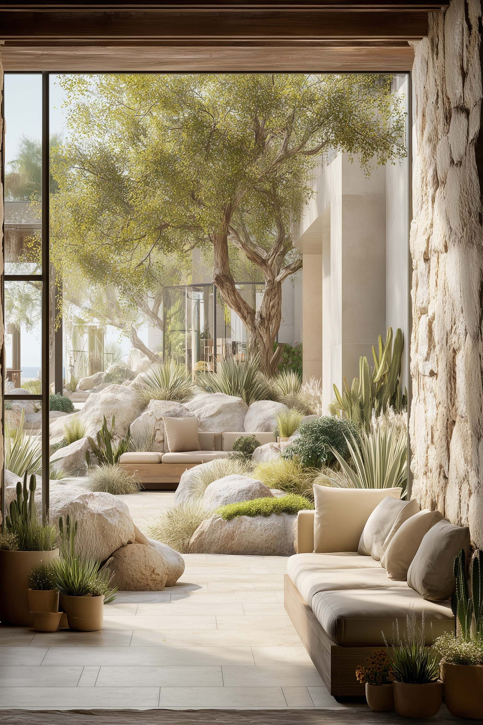 Contemporary hospitality landscape integrating indoor–outdoor botanical architecture