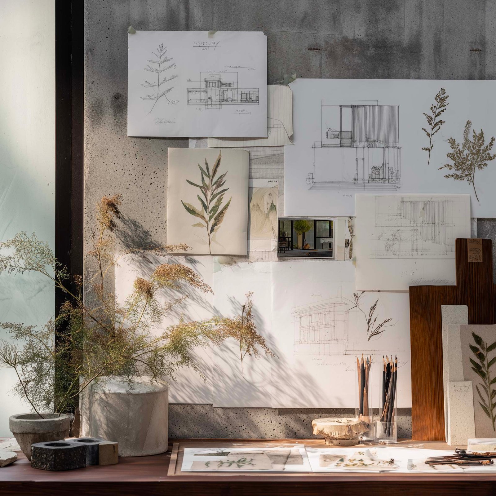 Design sketches and botanical research exploring architecture and plants