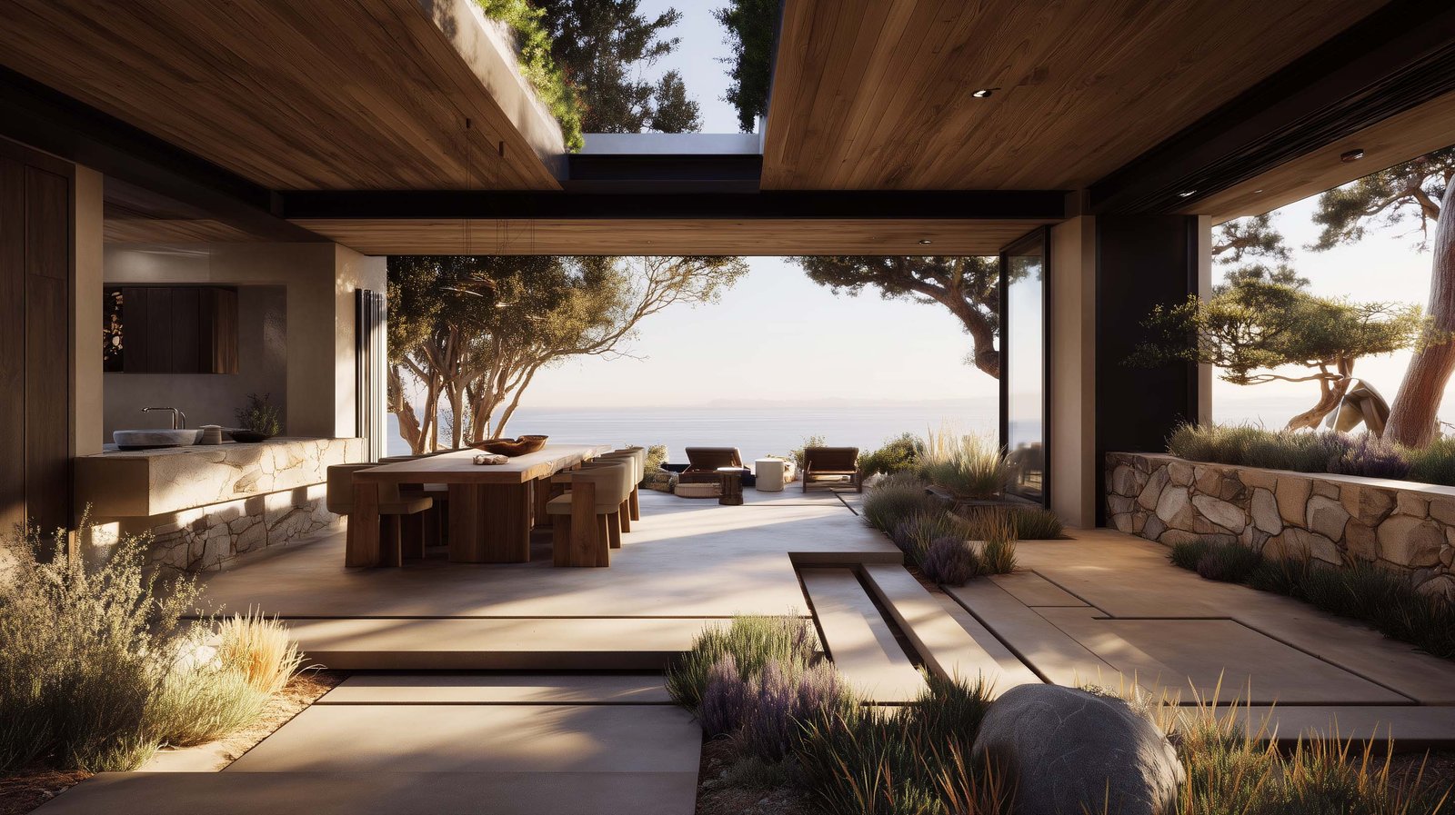 Natural materials interacting with botanical elements in architectural space