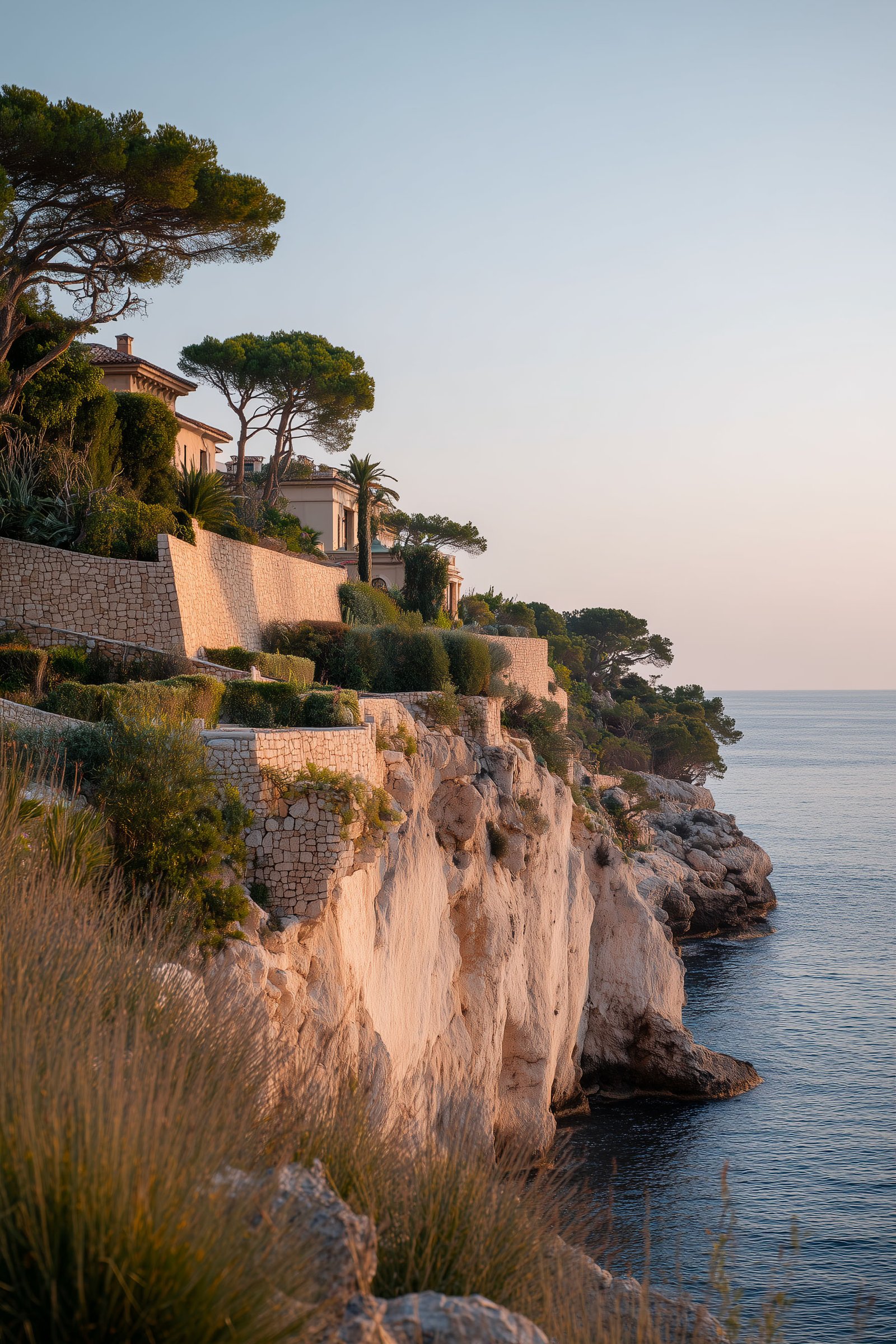 Origins — French Riviera: mineral coastline, Mediterranean light, structured terraces and sea horizon