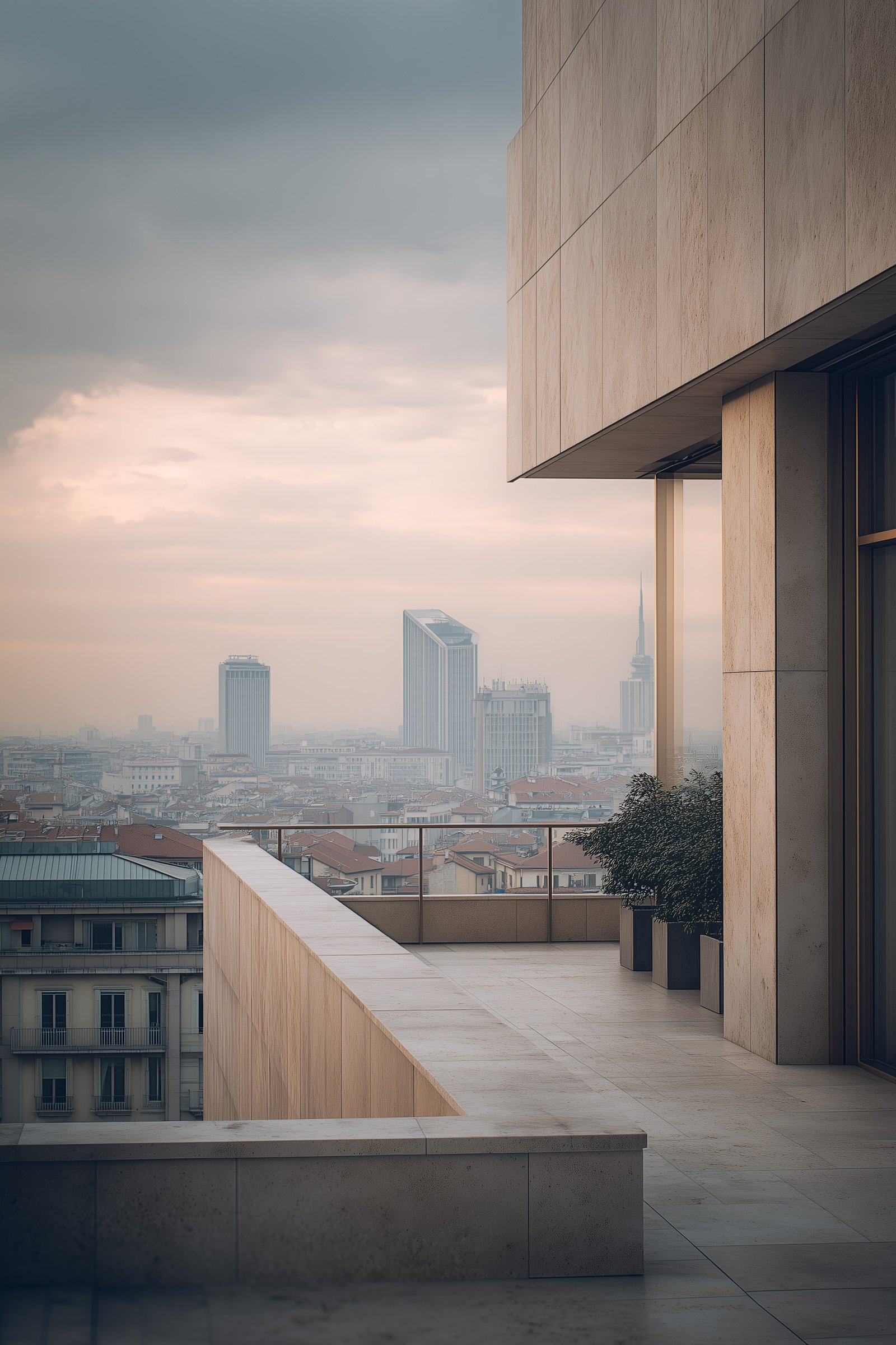 Origins — Milan: refined urban rooftop, clean geometry, European density and architectural lines
