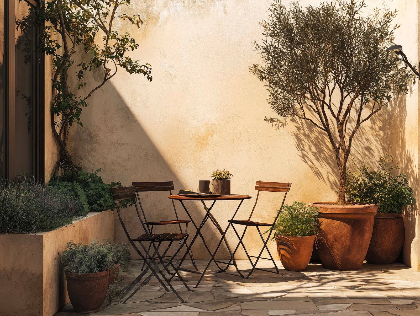 Protected patio garden designed for inner calm, light and quiet presence