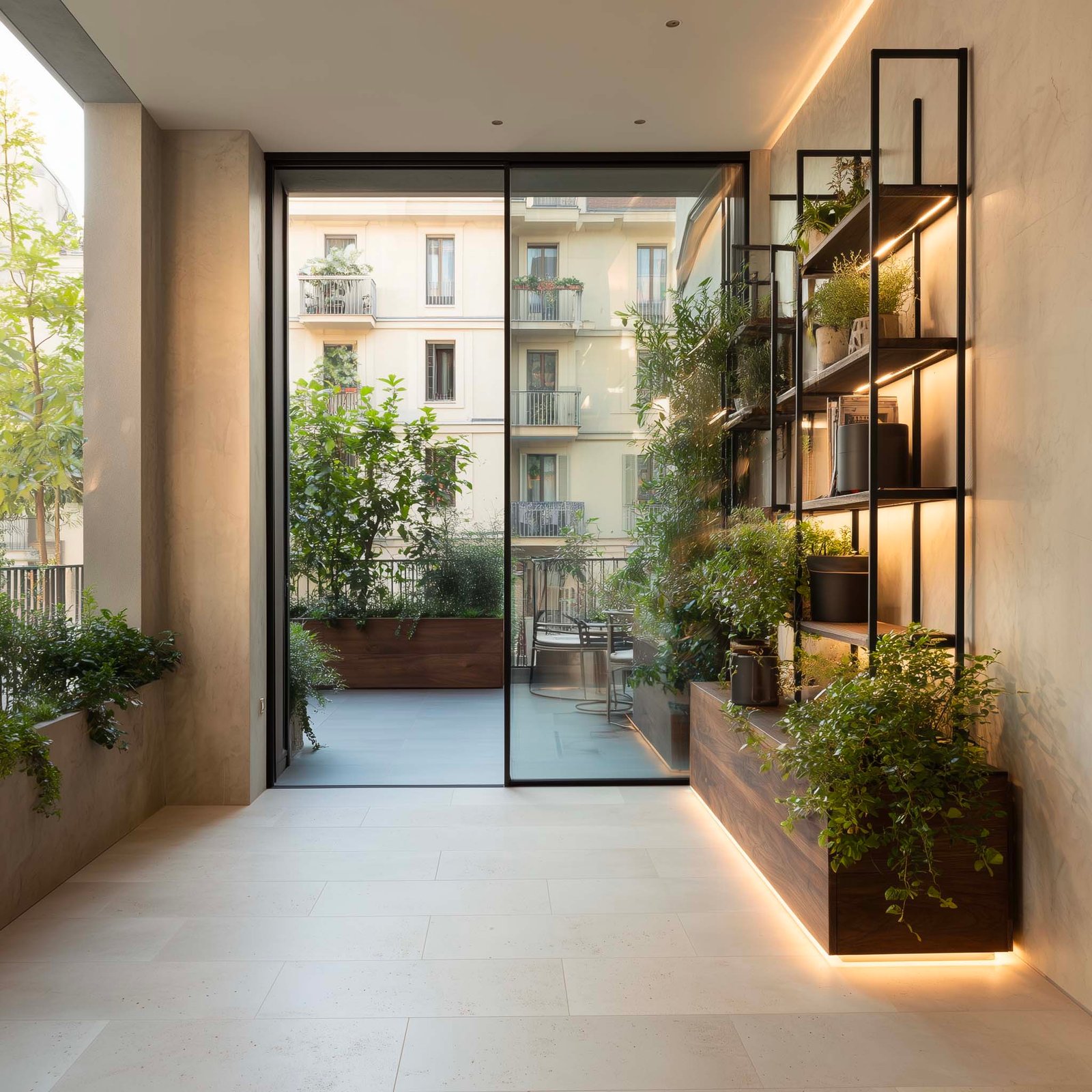 Flusso interno-esterno — partizione botanica in noce affumicato e Acciaio Brunito con Rosmarinus officinalis, soglia dissolvente tra living e terrazza, Paracelsus Gardens™