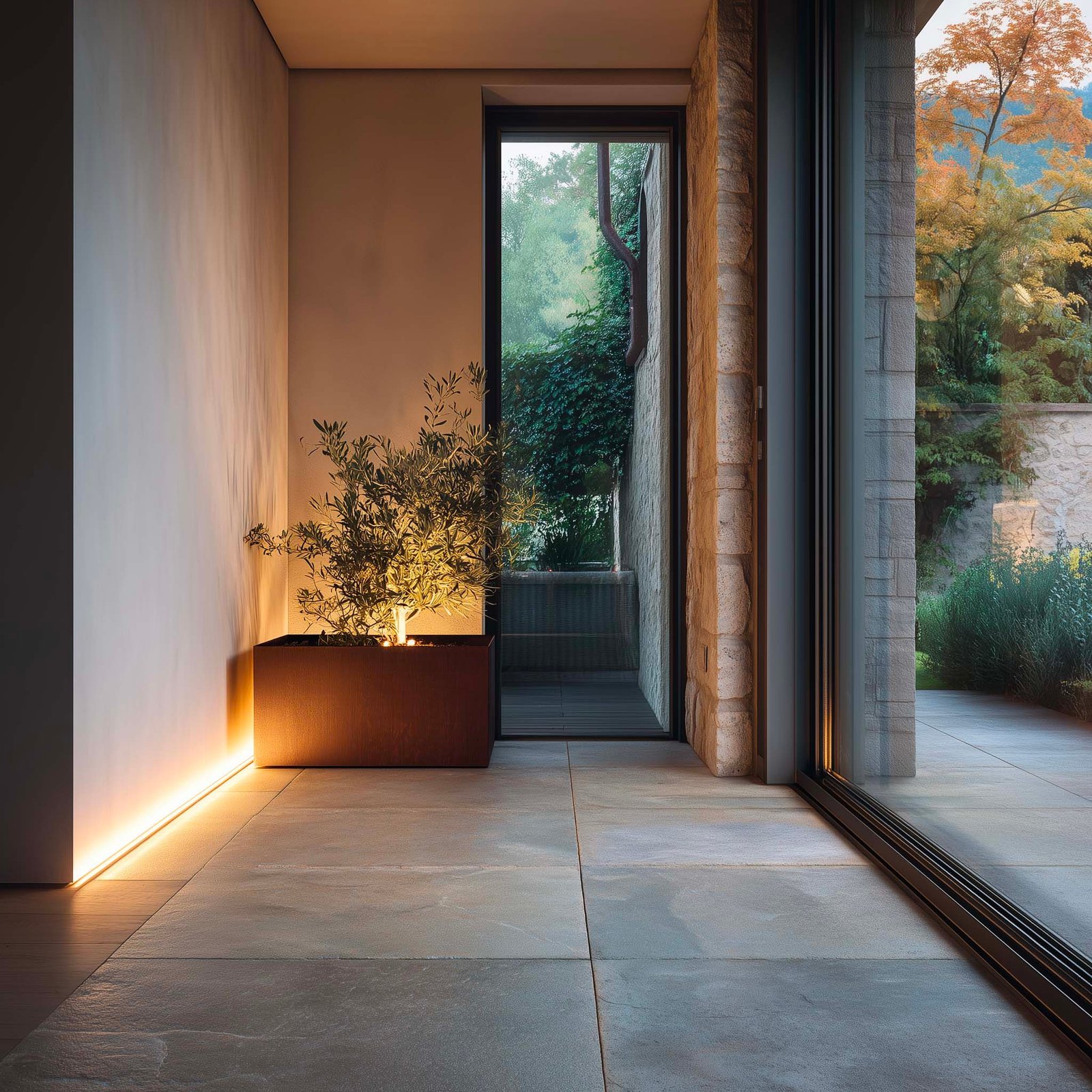 Soglia architettonica tra interno ed esterno — pavimento in Pietra Serena continuo, fioriera Lignum con Olea europaea, luce naturale filtrata, Paracelsus Gardens™