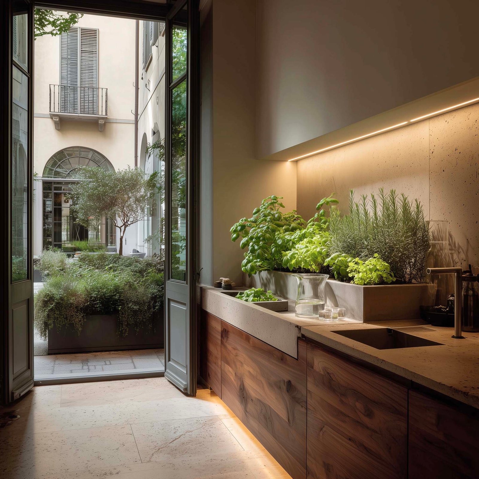 Continuità degli usi — console Apotheca in noce affumicato con Ocimum basilicum e Thymus vulgaris tra cucina e giardino, Paracelsus Gardens™