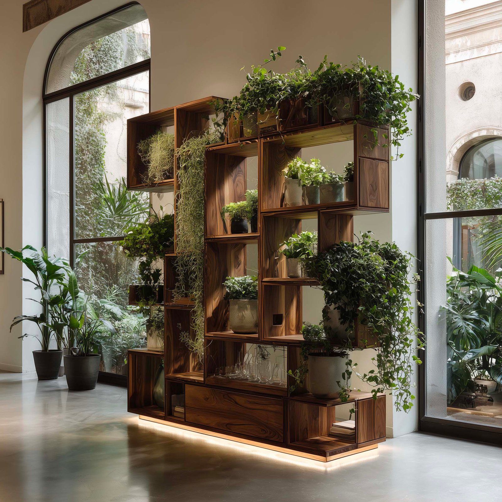 Dialogo vegetale e design — partizione modulare con Lavandula angustifolia e Hedera helix, noce affumicato e Acciaio Brunito in continuità spaziale, Paracelsus Gardens™