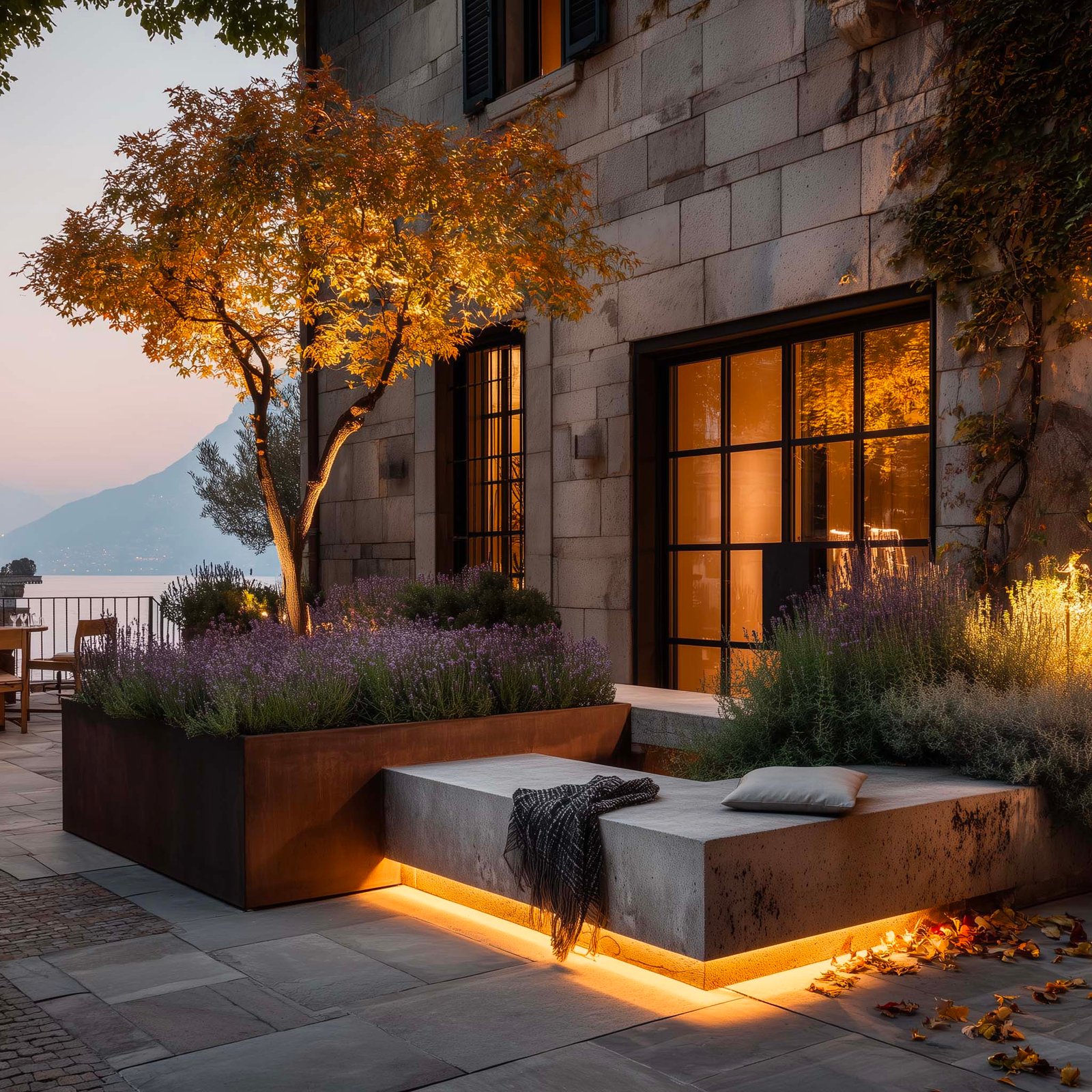 Adattamento stagionale — terrazza con fioriera Lignum e Lavandula angustifolia, LED caldo integrato per il comfort serale, luce dorata autunnale, Paracelsus Gardens™