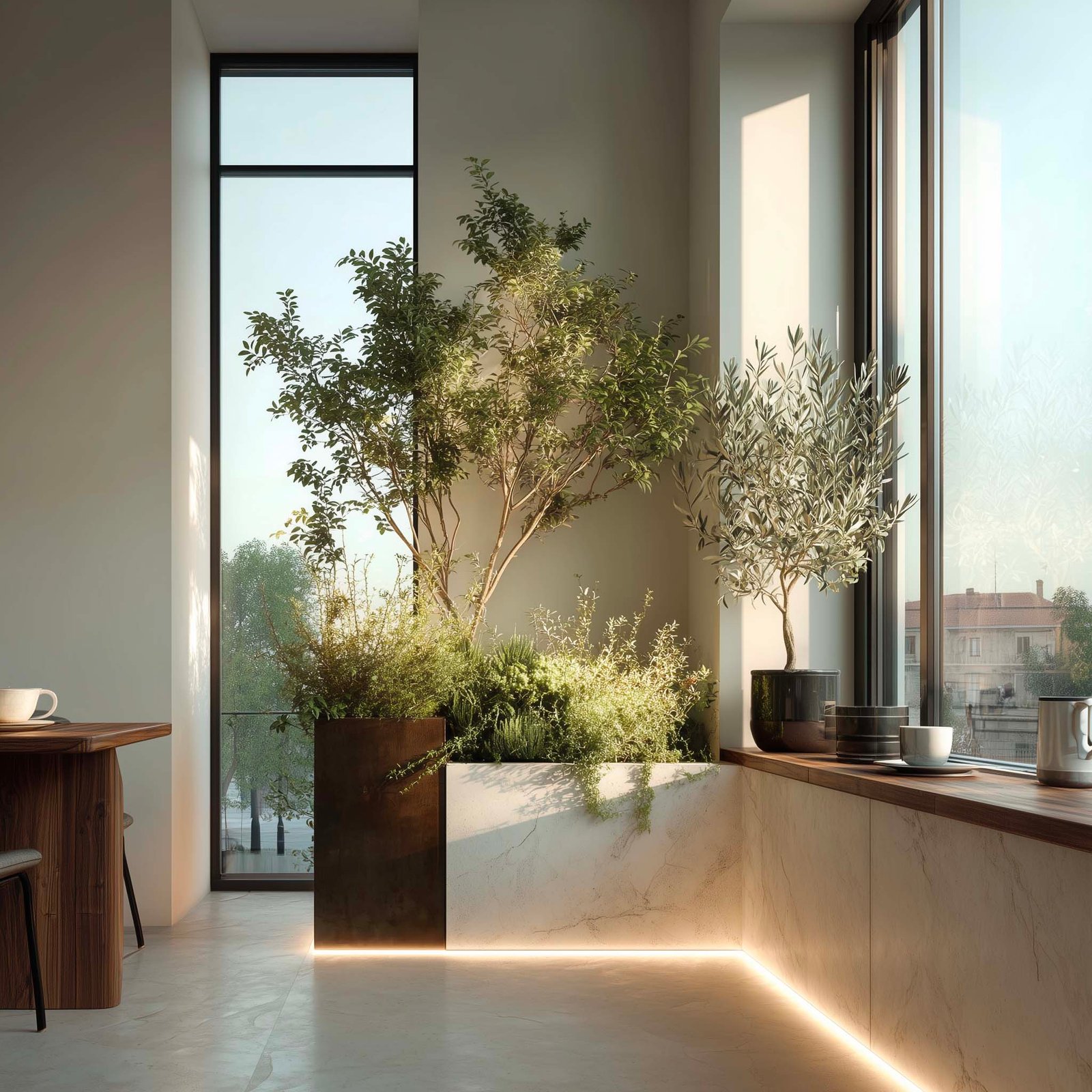 Ritmo quotidiano — spazio di vita con partizione botanica, Rosmarinus officinalis e Salvia officinalis, architettura che accompagna i gesti e le stagioni, Paracelsus Gardens™