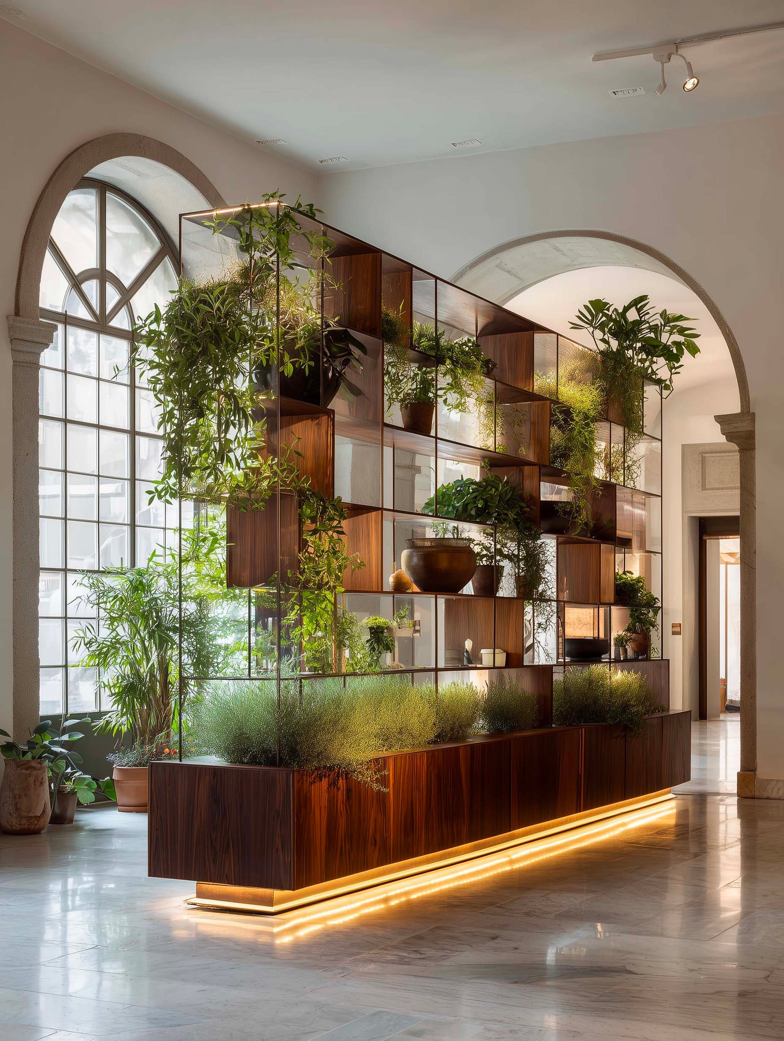 Atelier di design botanico a Milano — tavolo da lavoro con campioni di noce affumicato, Pietra Serena e Acciaio Brunito, partizione modulare con Rosmarinus officinalis, Paracelsus Gardens™