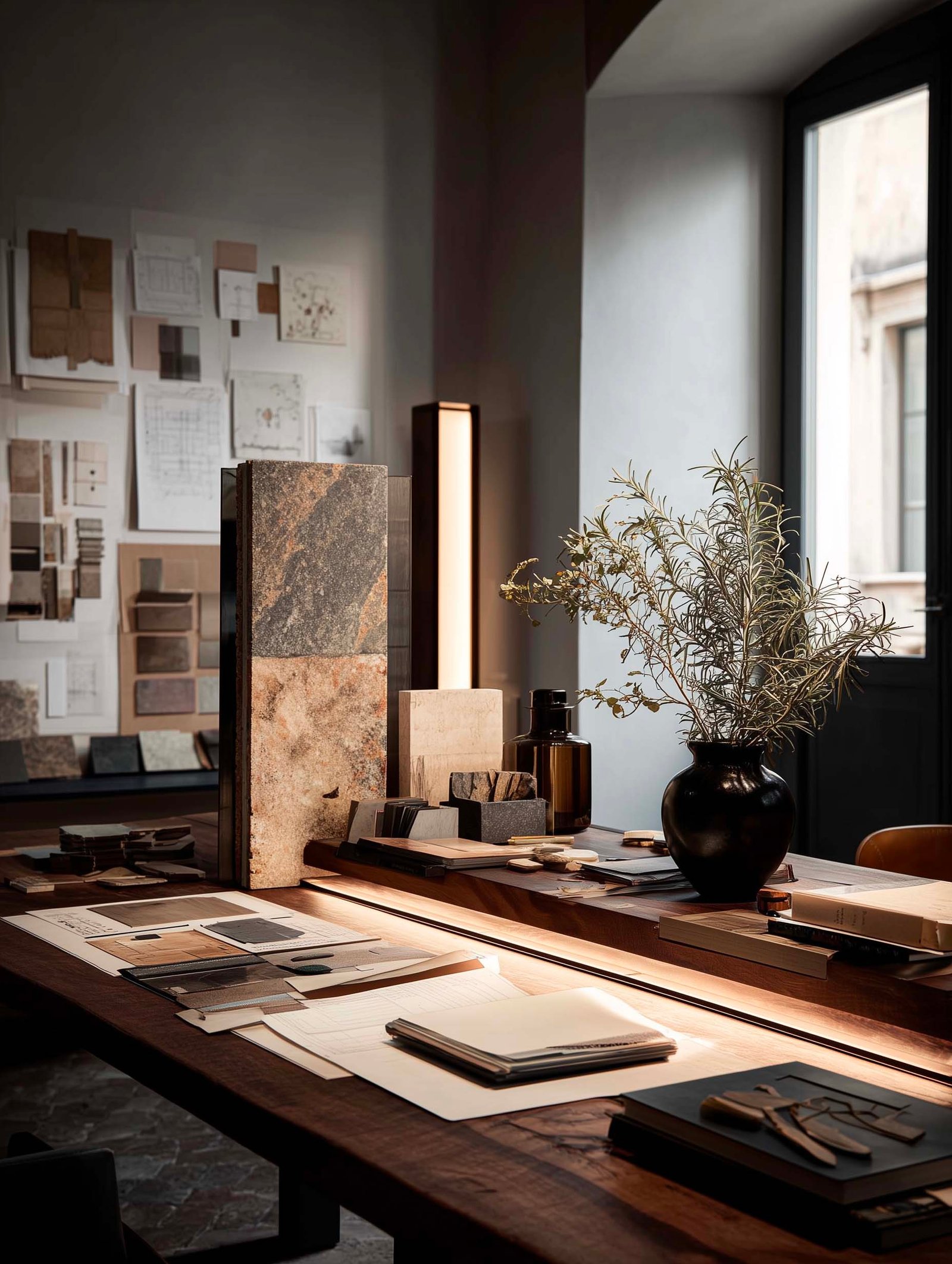 Architettura botanica — fioriera Lignum in noce affumicato con Olea europaea e Lavandula angustifolia, dialogo tra vegetale, luce e materia, Paracelsus Gardens™