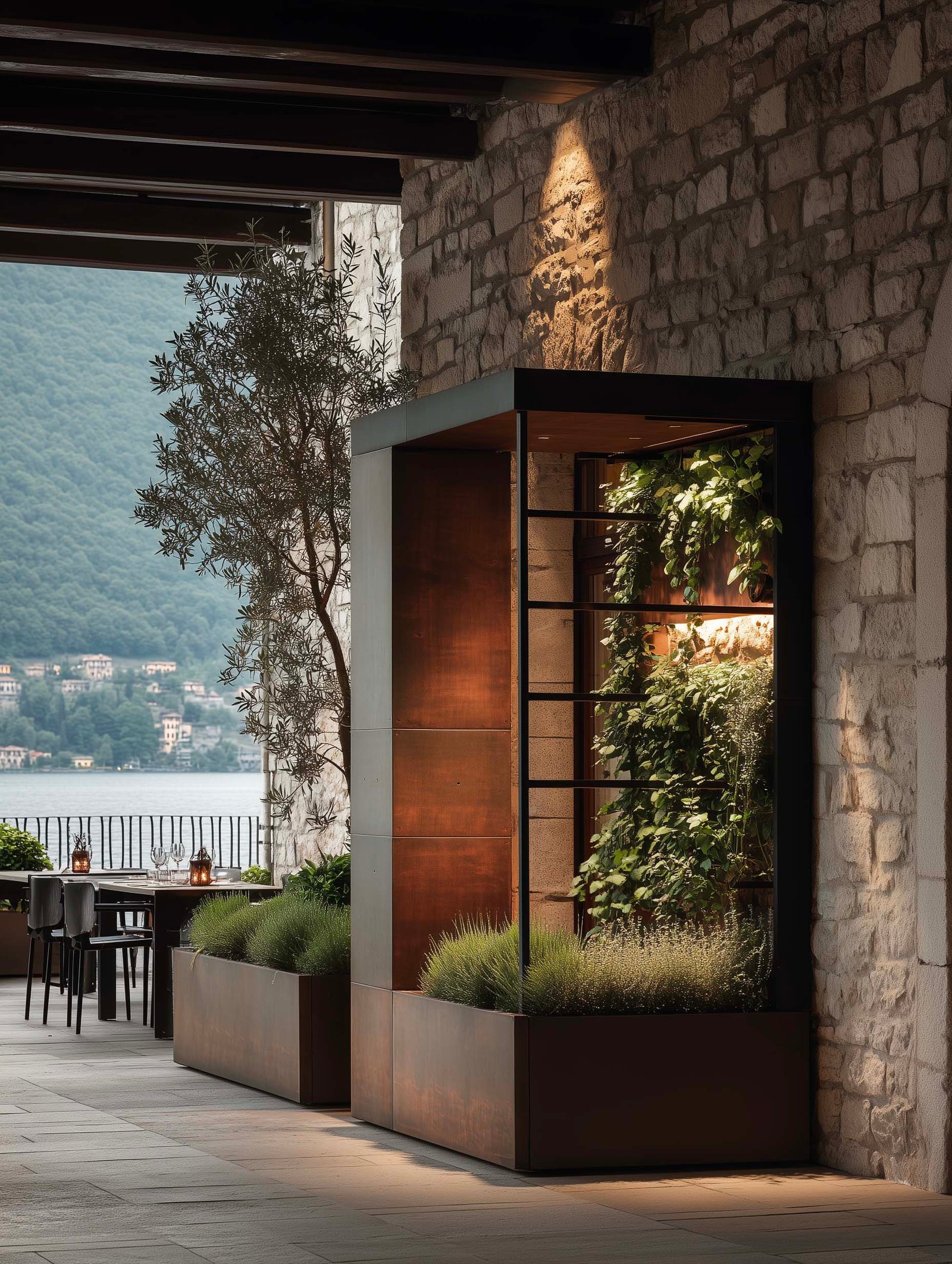 Visione architettonica — terrazza di villa lombarda con partizione botanica in noce affumicato e Acciaio Brunito, Wisteria e Lavandula angustifolia, coerenza spaziale a lungo termine, Paracelsus Gardens™