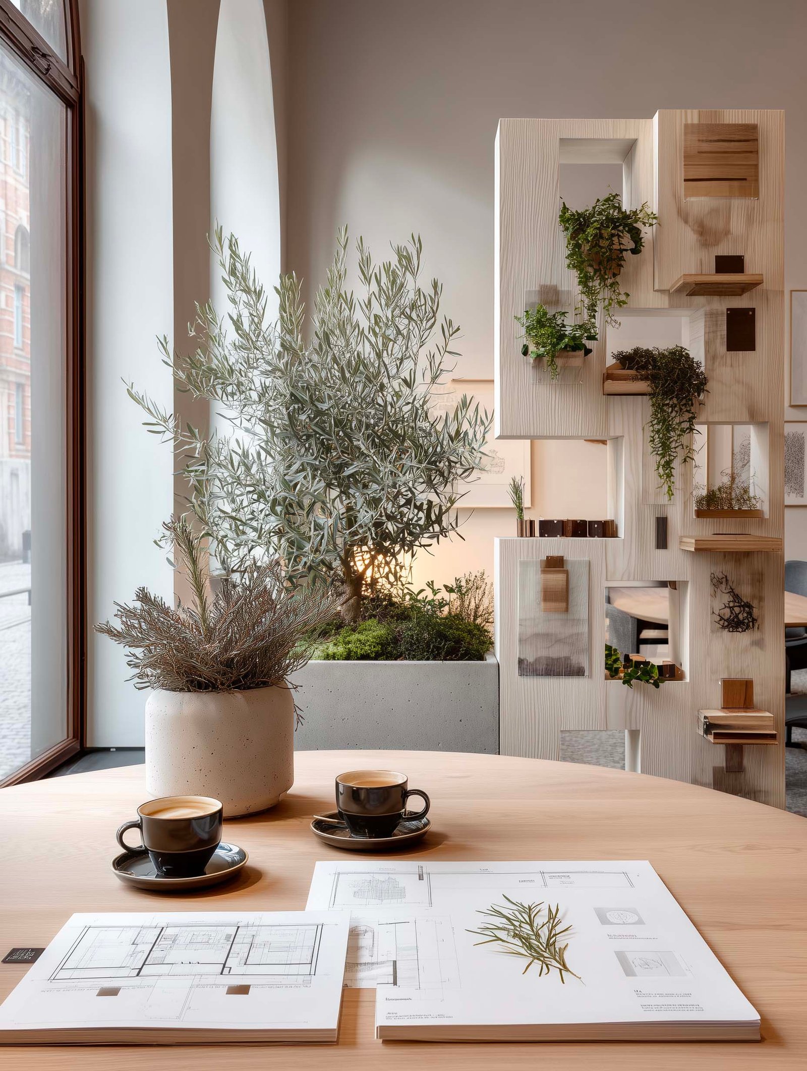 Processo collaborativo — moodboard con campioni di materiali, schizzi progettuali e fotografie di contesti italiani, dialogo interdisciplinare, Paracelsus Gardens™