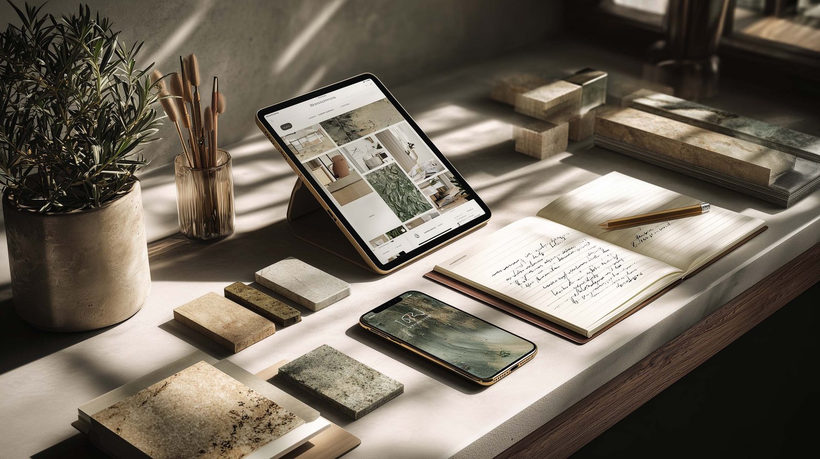 Studio di design botanico a Milano Brera, campioni di noce affumicato e Pietra Serena, fioriera Lignum con Rosmarinus officinalis — Paracelsus Gardens™