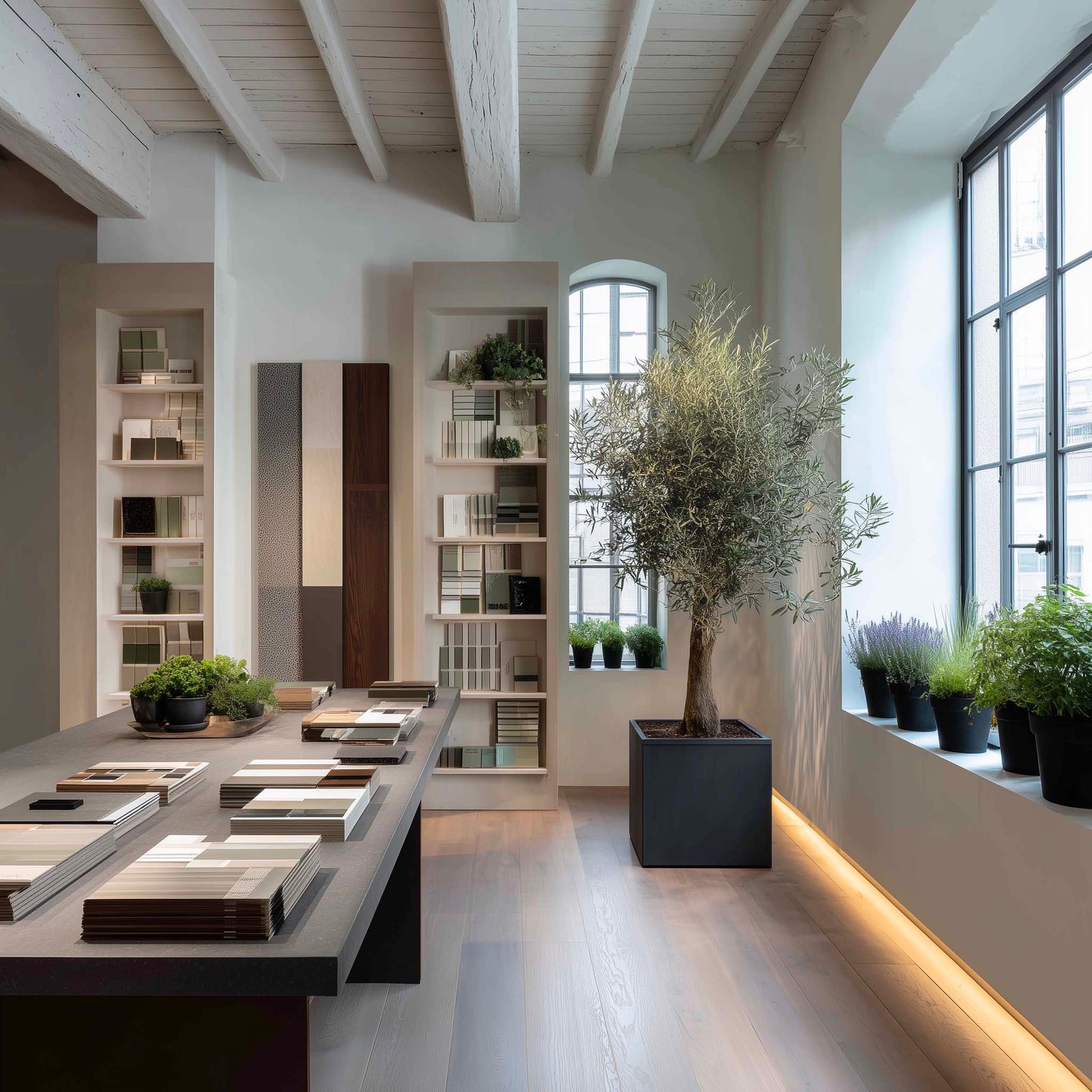 Atelier di ricerca in design botanico a Milano — prototipi, campioni di noce affumicato e Pietra Serena, partizione modulare e Rosmarinus officinalis, Paracelsus Gardens™