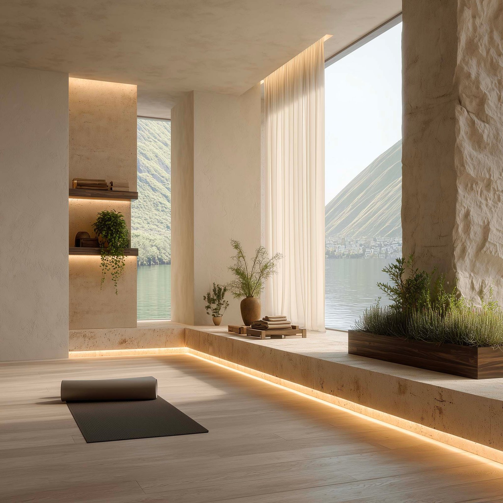 Spazio wellness con fioriera Lignum, Lavandula angustifolia e Salvia officinalis, LED caldo integrato e pareti in travertino chiaro — benessere sensoriale, Paracelsus Gardens™