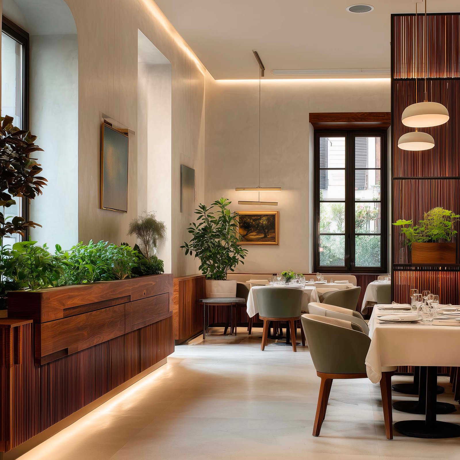 Ristorante con console Apotheca in noce affumicato, Ocimum basilicum e Thymus vulgaris, partizione botanica come separazione sala — atmosfera culinaria, Paracelsus Gardens™
