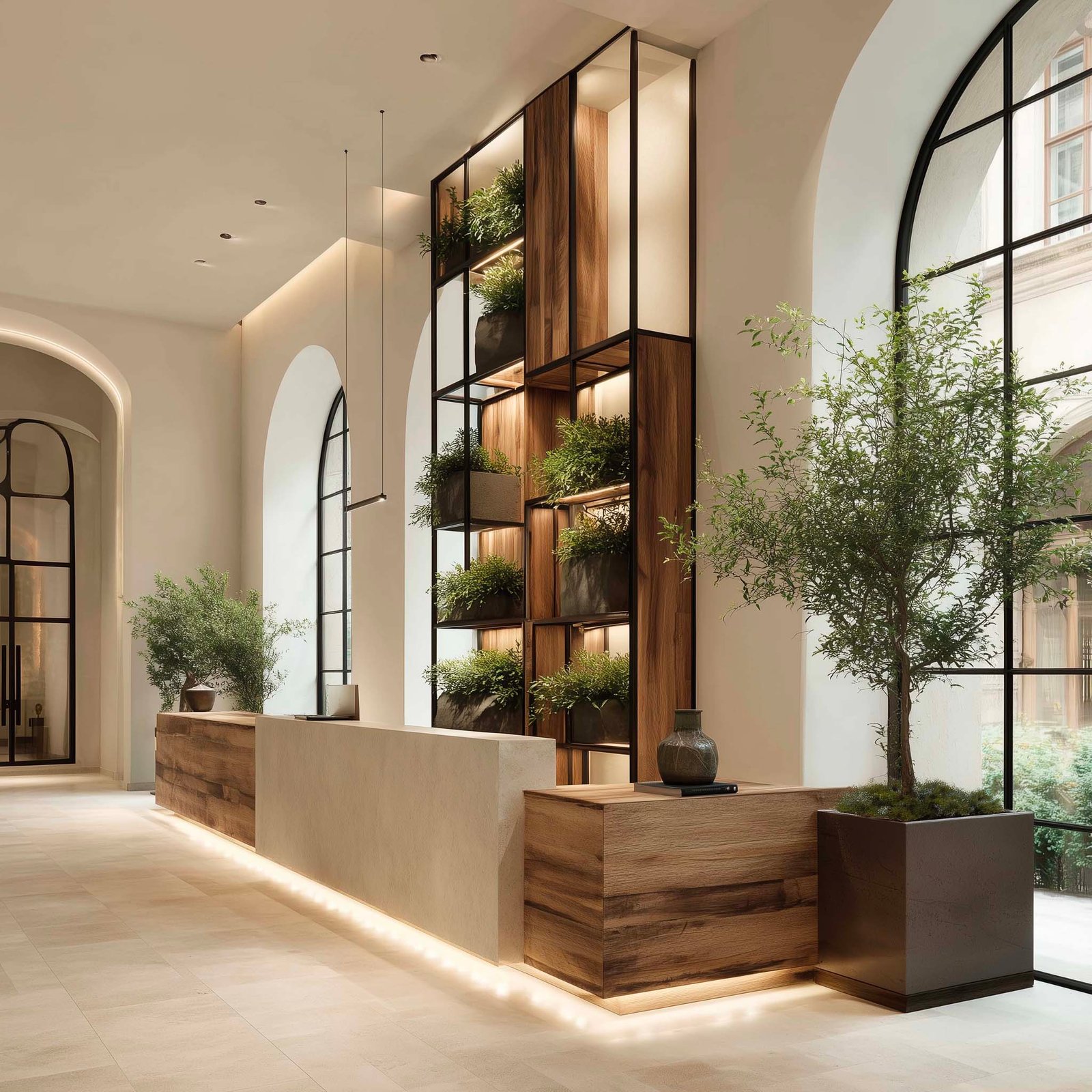 Lobby di hotel boutique con partizione botanica modulare in Acciaio Brunito e noce affumicato, Laurus nobilis e Jasminum officinale, Paracelsus Gardens™