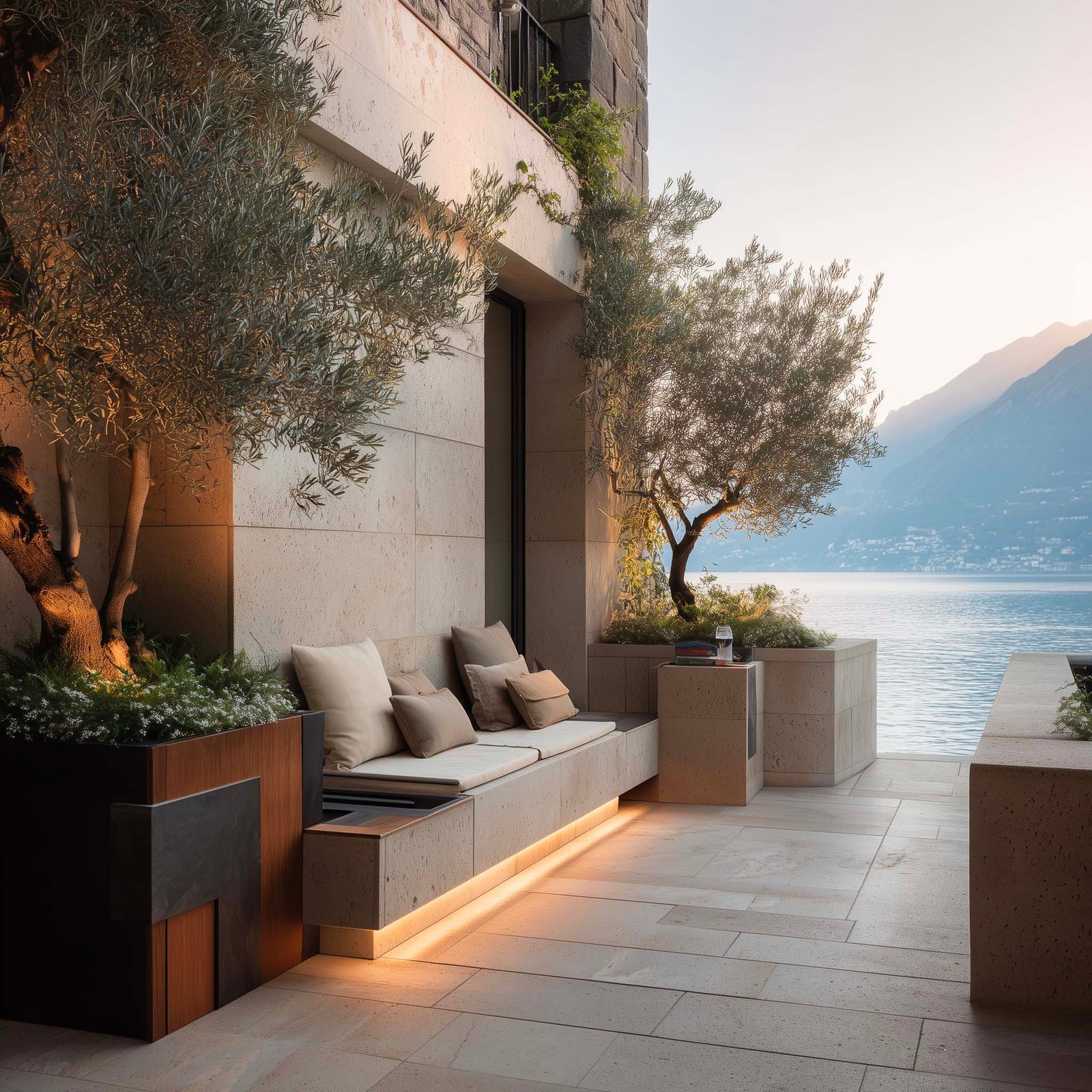 Terrazza di villa con fioriera Lignum in noce affumicato, Olea europaea e Rosmarinus officinalis — architettura botanica residenziale, Paracelsus Gardens™