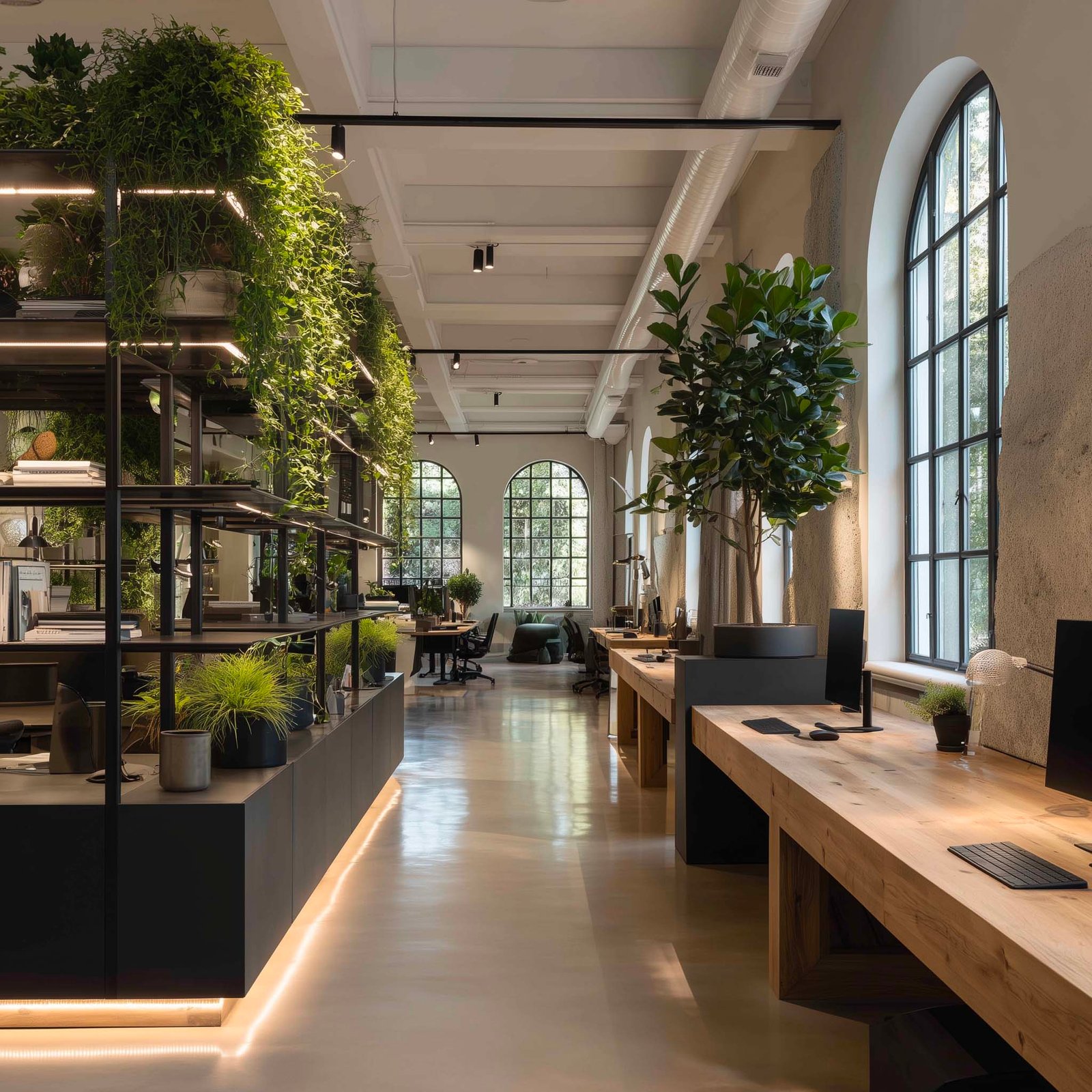 Spazio ufficio con partizione botanica modulare, Hedera helix e fioriera Lignum su pavimento in travertino chiaro — ambiente biofilico, Paracelsus Gardens™