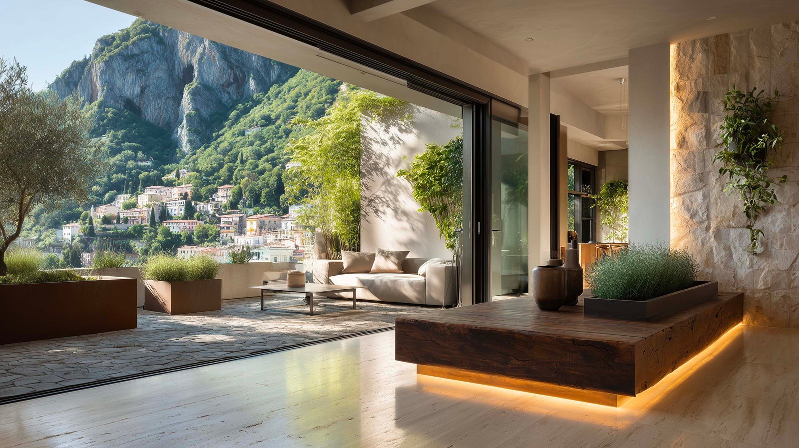 Creazioni botaniche e architettura degli spazi vissuti — terrazza con partizione botanica in noce affumicato, Olea europaea e Lavandula angustifolia, Paracelsus Gardens™