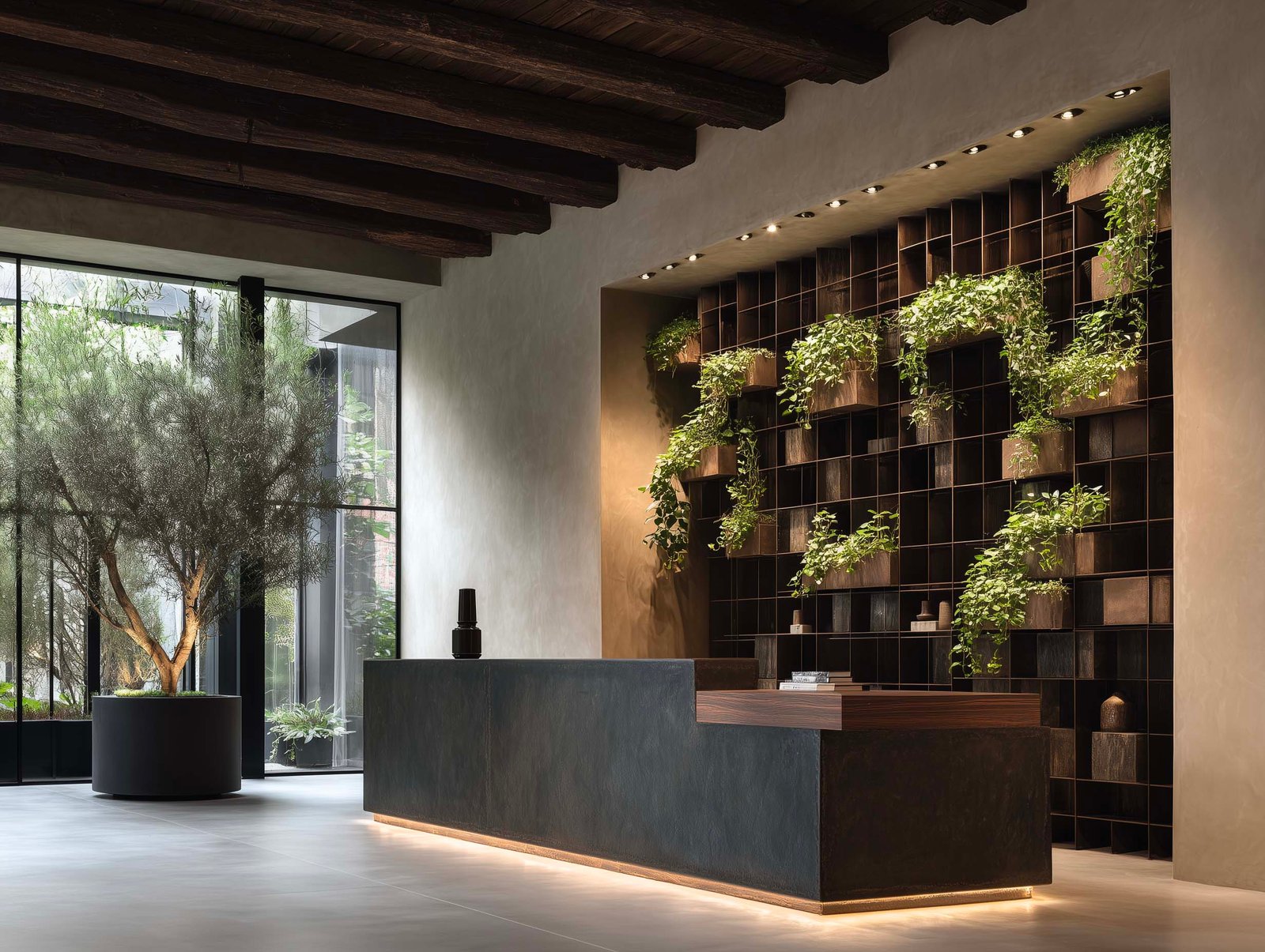 Reception di hotel boutique con muro botanico modulare — griglia in Acciaio Brunito, moduli in noyer fumé e piante integrate, Paracelsus Gardens™