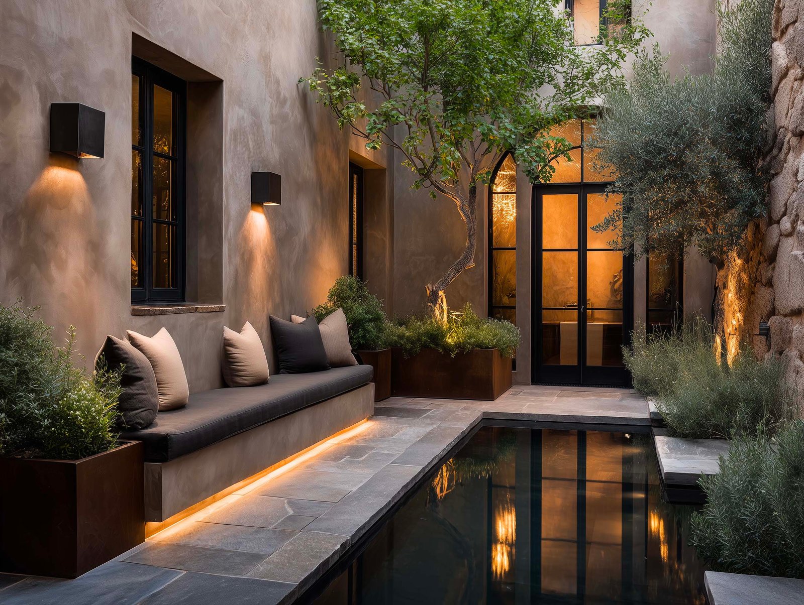 Corte spa di hotel boutique — vasca riflettente in pietra scura, banquette con LED, jardinières aromatiche e olivier, Paracelsus Gardens™