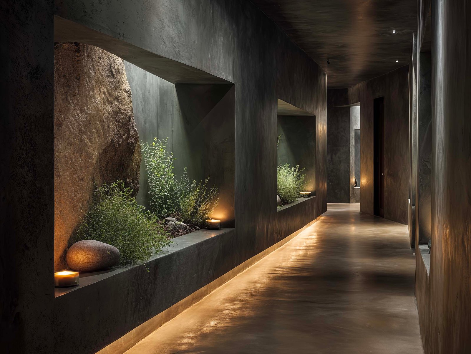 Corridoio sensoriale di spa — nicchie con piante aromatiche illuminate e pietre, micro-cemento scuro e percorso verso le sale di trattamento