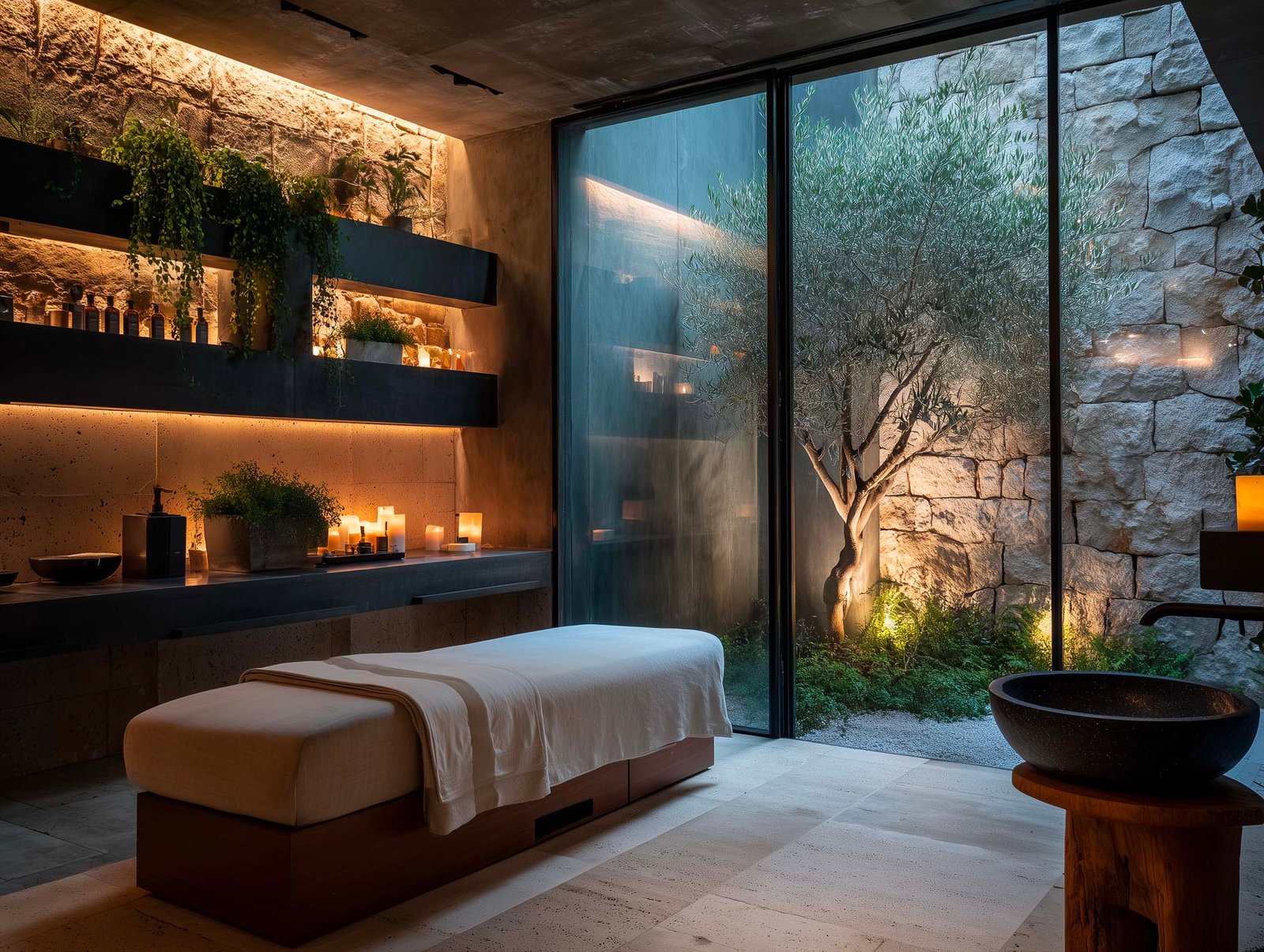 Sala di trattamento spa con architettura botanica — étagères con piante e candele, giardino privato con olivier visibile, Paracelsus Gardens™