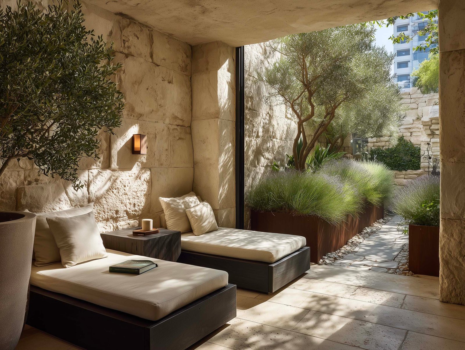 Spazio di riposo post-trattamento — daybeds con apertura sul giardino botanico, lavanda, olivier e luce pomeridiana dorata