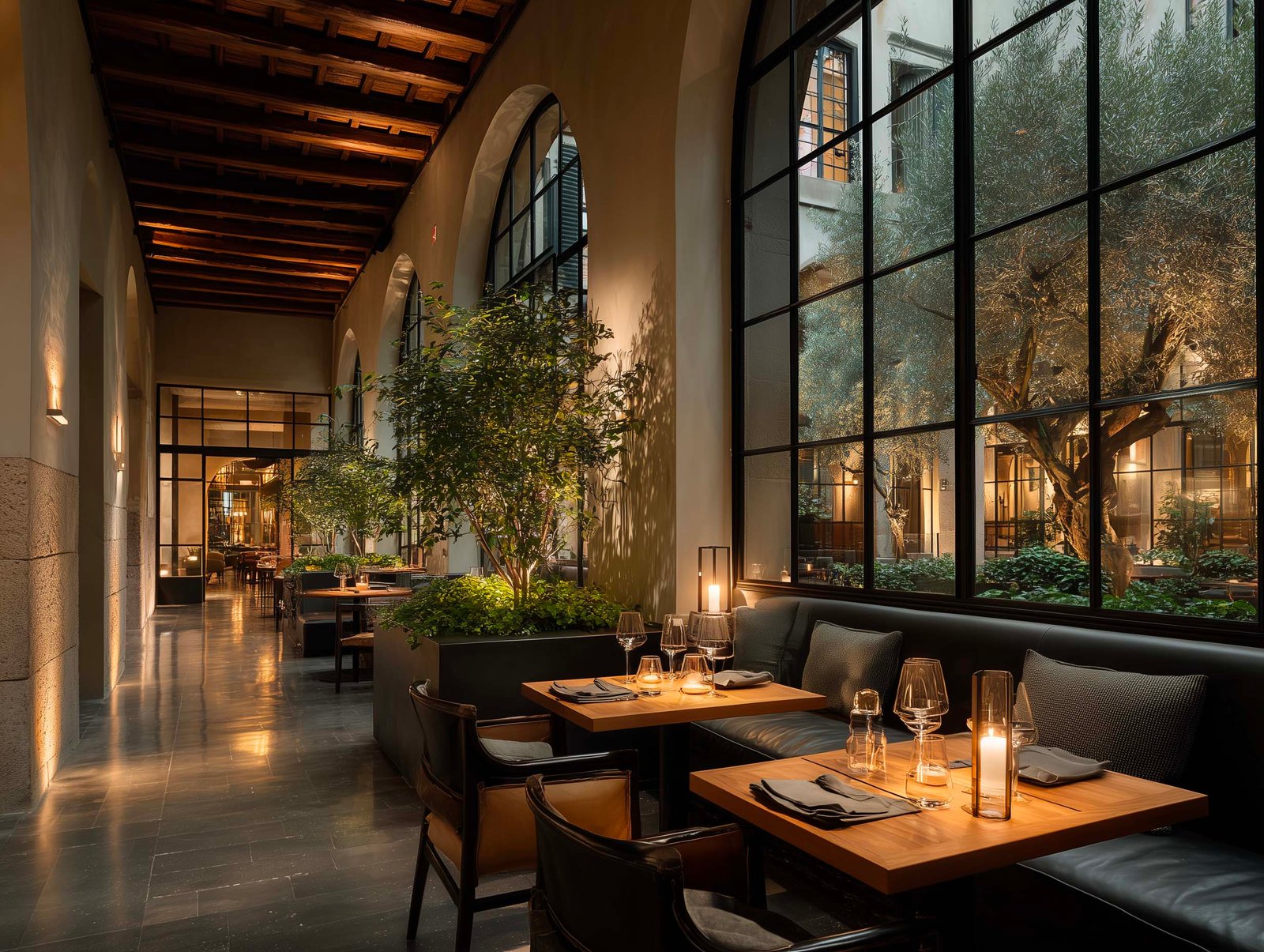 Ristorante di hotel boutique con partizioni botaniche — travi scure, archi, vetrature industriali e olivier nel cortile, design italiano Paracelsus Gardens™