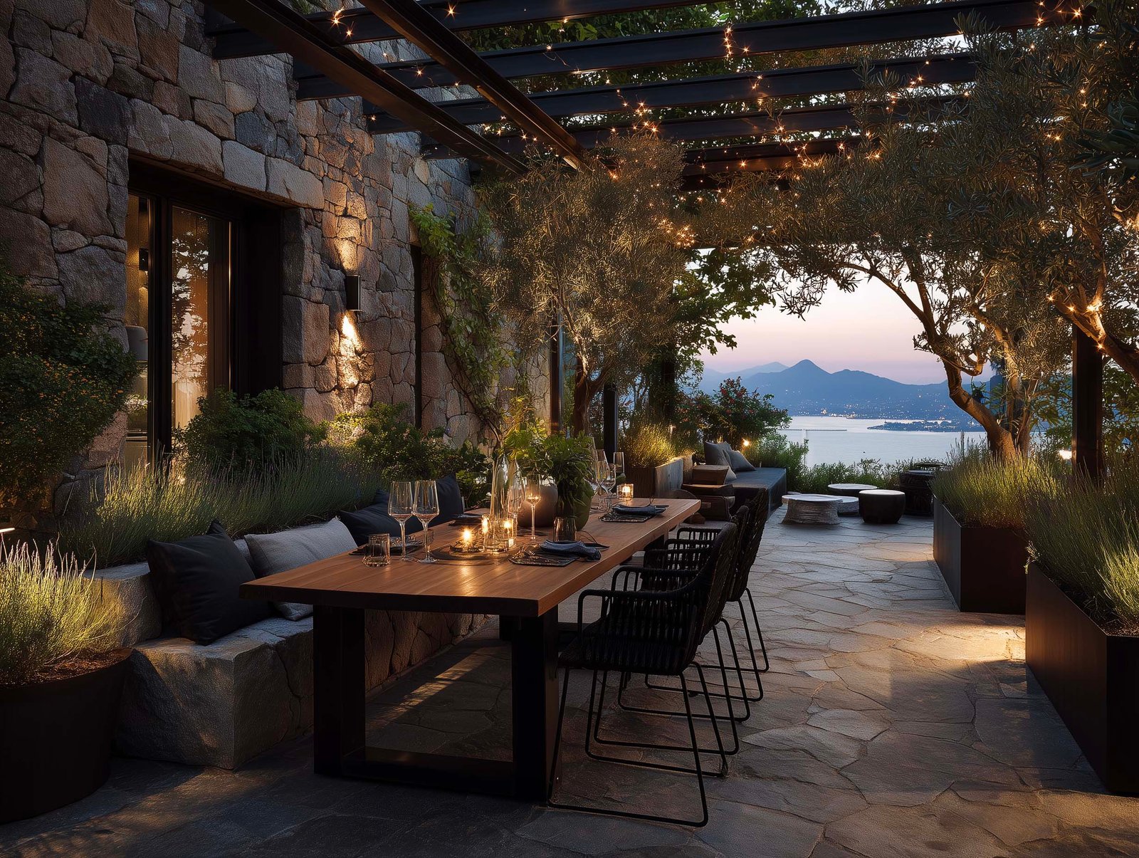 Terrazza ristorante di hotel — cena all'aperto sotto pergola con jardinières, lavanda, Stipa e vista mare al crepuscolo, Paracelsus Gardens™