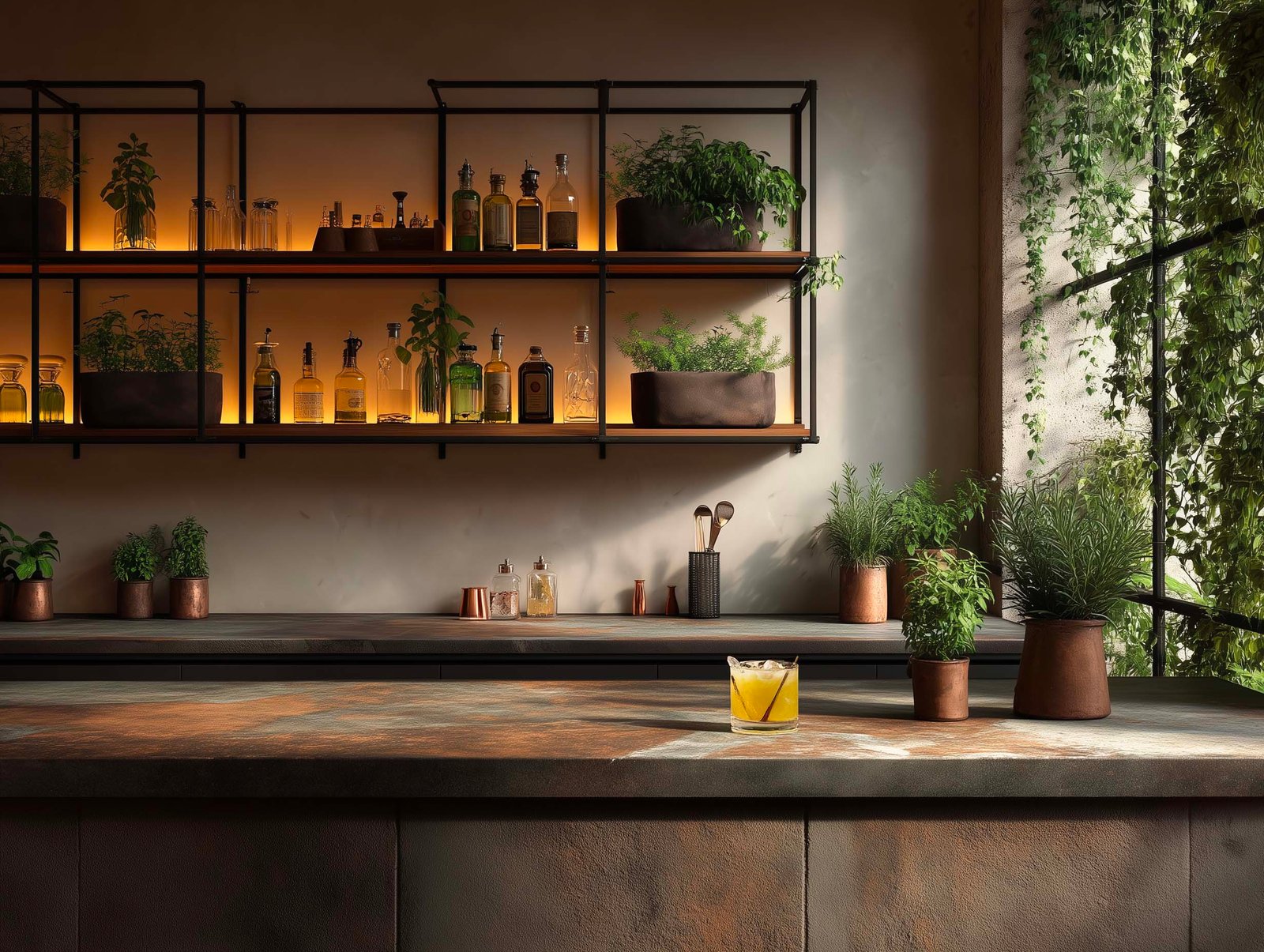 Bar di mixologia botanica in hotel — étagères in acciaio con erbe aromatiche vive e spirits, comptoir in pietra scura, Paracelsus Gardens™