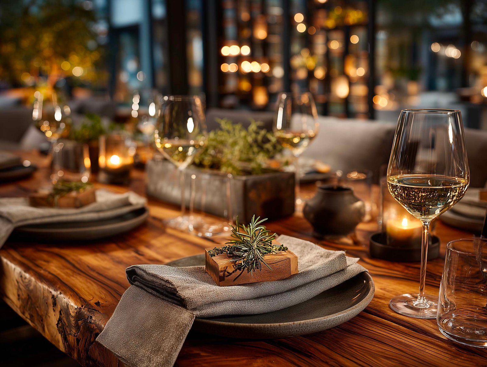 Dettaglio tavola di ristorante — romarin fresco su legno di noyer, calice di vino bianco e partizione botanica in sfondo, Paracelsus Gardens™