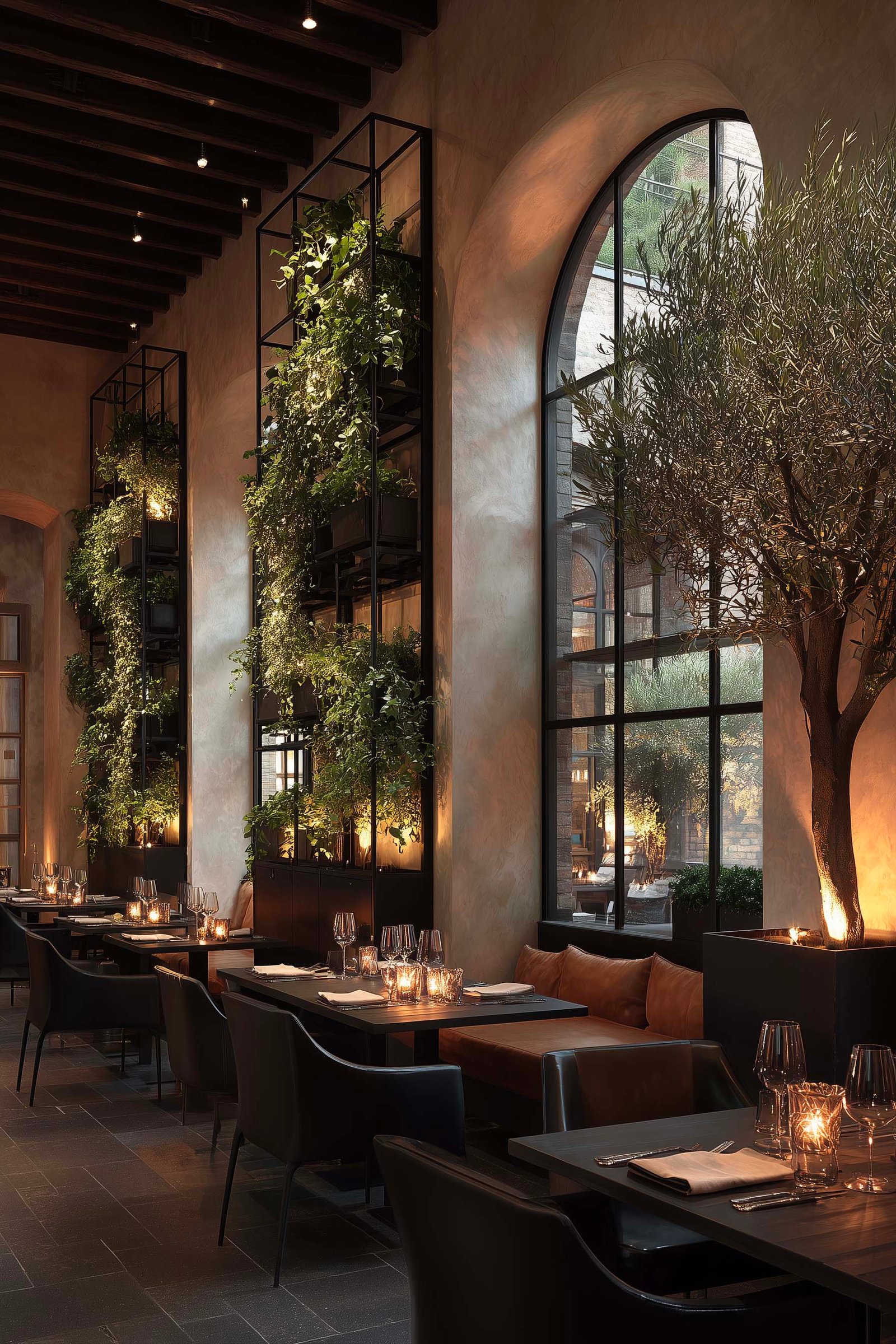 Ristorante di hotel boutique con partizioni botaniche modulari — jasmin rampicante, noyer fumé e illuminazione integrata, Paracelsus Gardens™