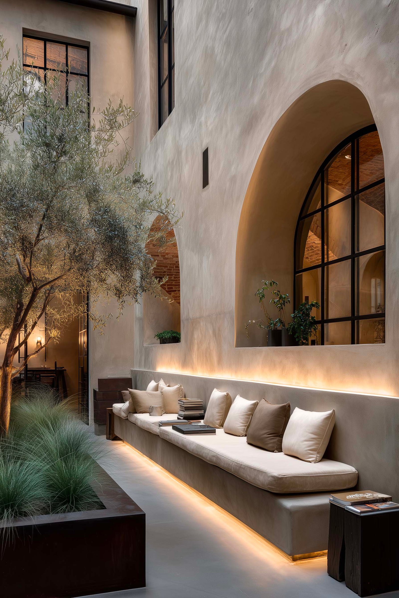 Cortile di hotel boutique a Milano — banquette integrata, olivier sculturale, jardinières e muri in intonaco liscio, Paracelsus Gardens™
