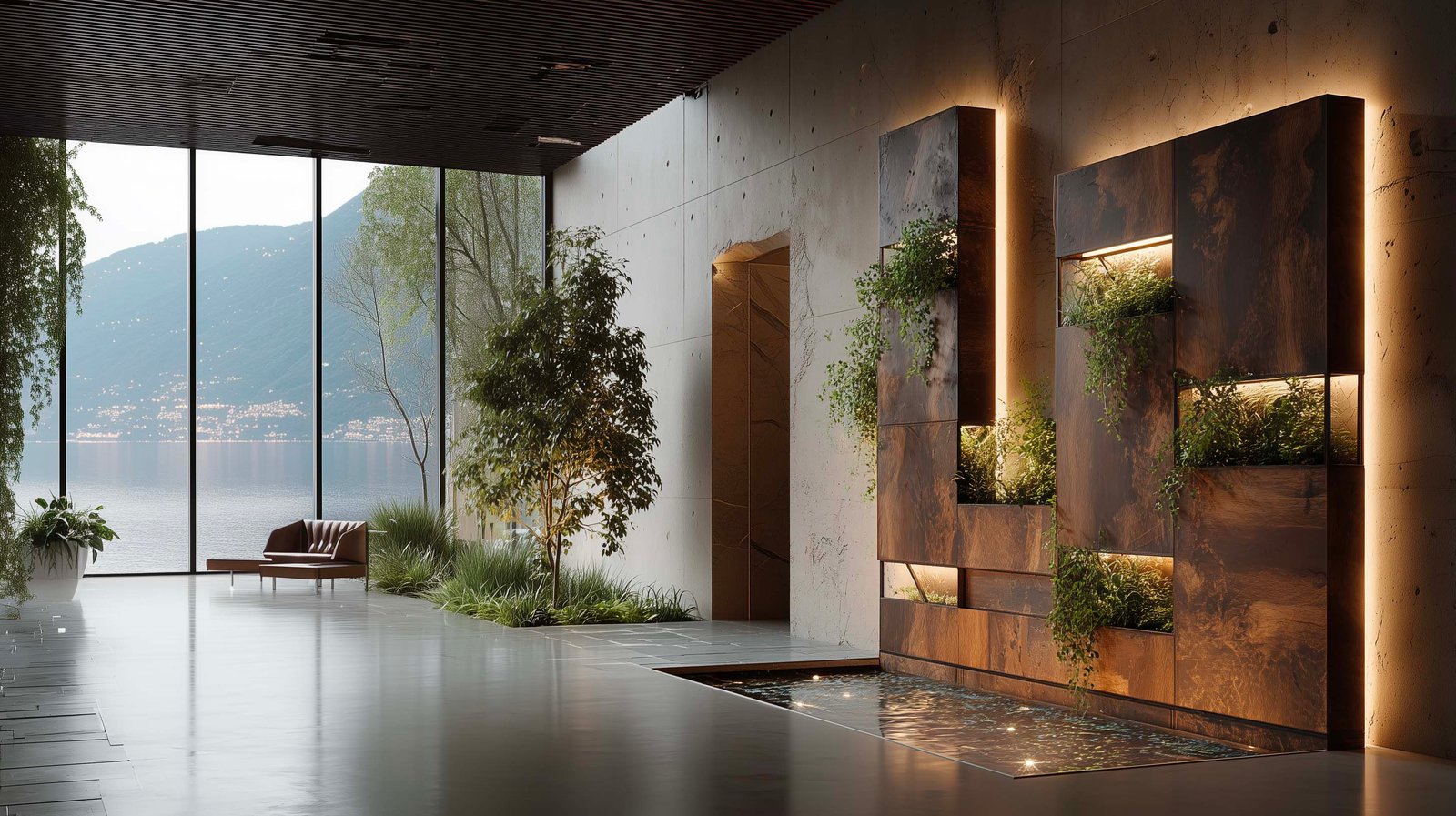 Hotel boutique con architettura botanica — lobby con muro modulare vegetale, Pietra Serena e vista lago di Como, Paracelsus Gardens™