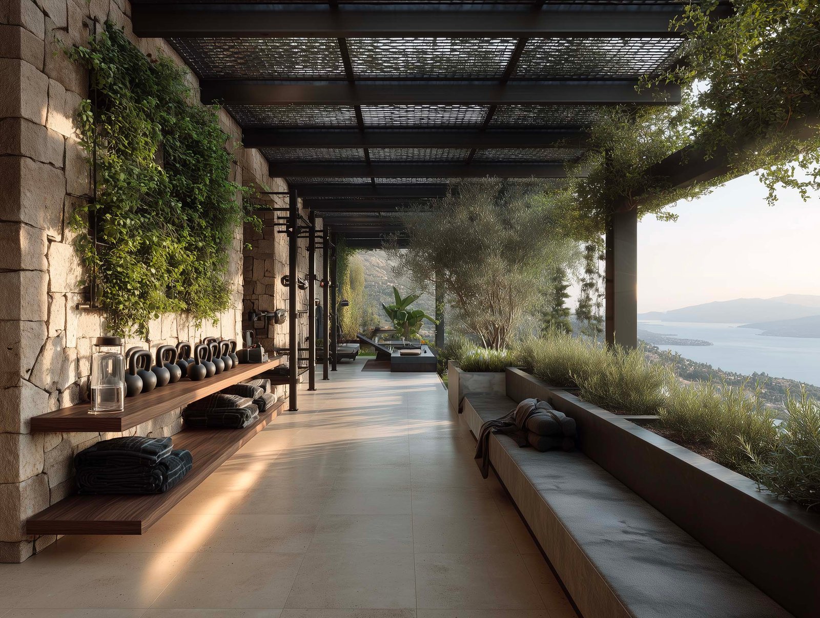 Terrazza fitness di hotel con architettura botanica — pergola in acciaio, kettlebells su étagère in noyer e vista panoramica, Paracelsus Gardens™