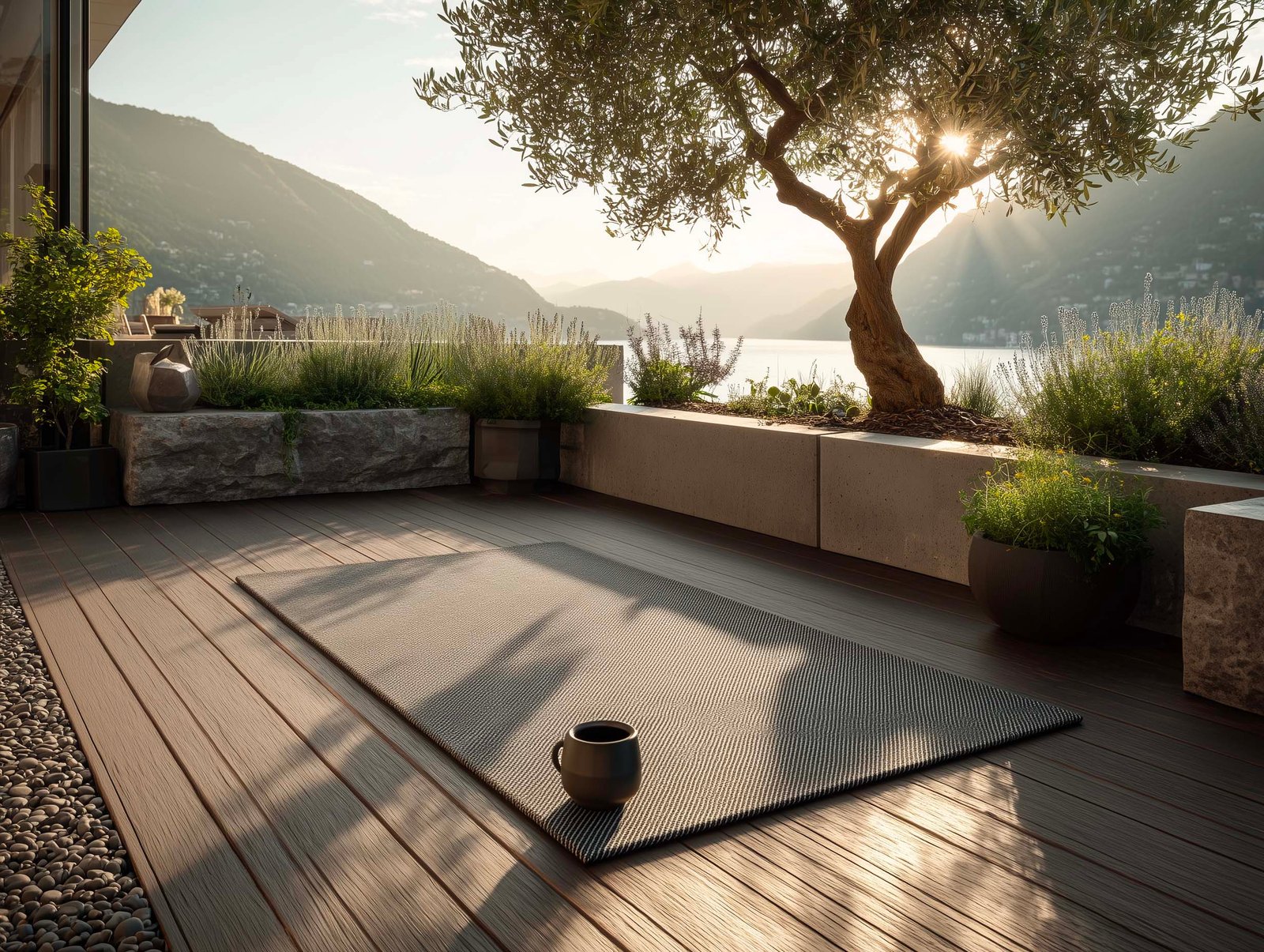 Deck yoga di hotel boutique — tappetino sotto olivier con ombra, jardinières in travertino con lavanda e vista lago di Como