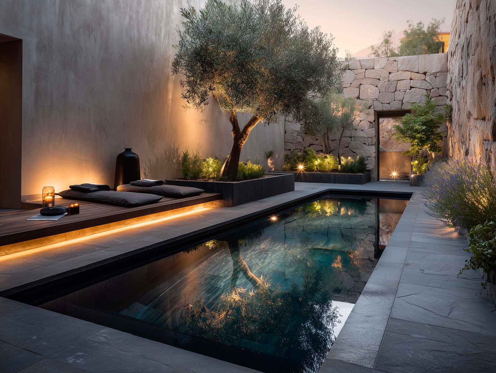 Vasca esterna di hotel con design botanico — piscina in pietra scura, olivier, jardinières con Rosmarinus e illuminazione al crepuscolo