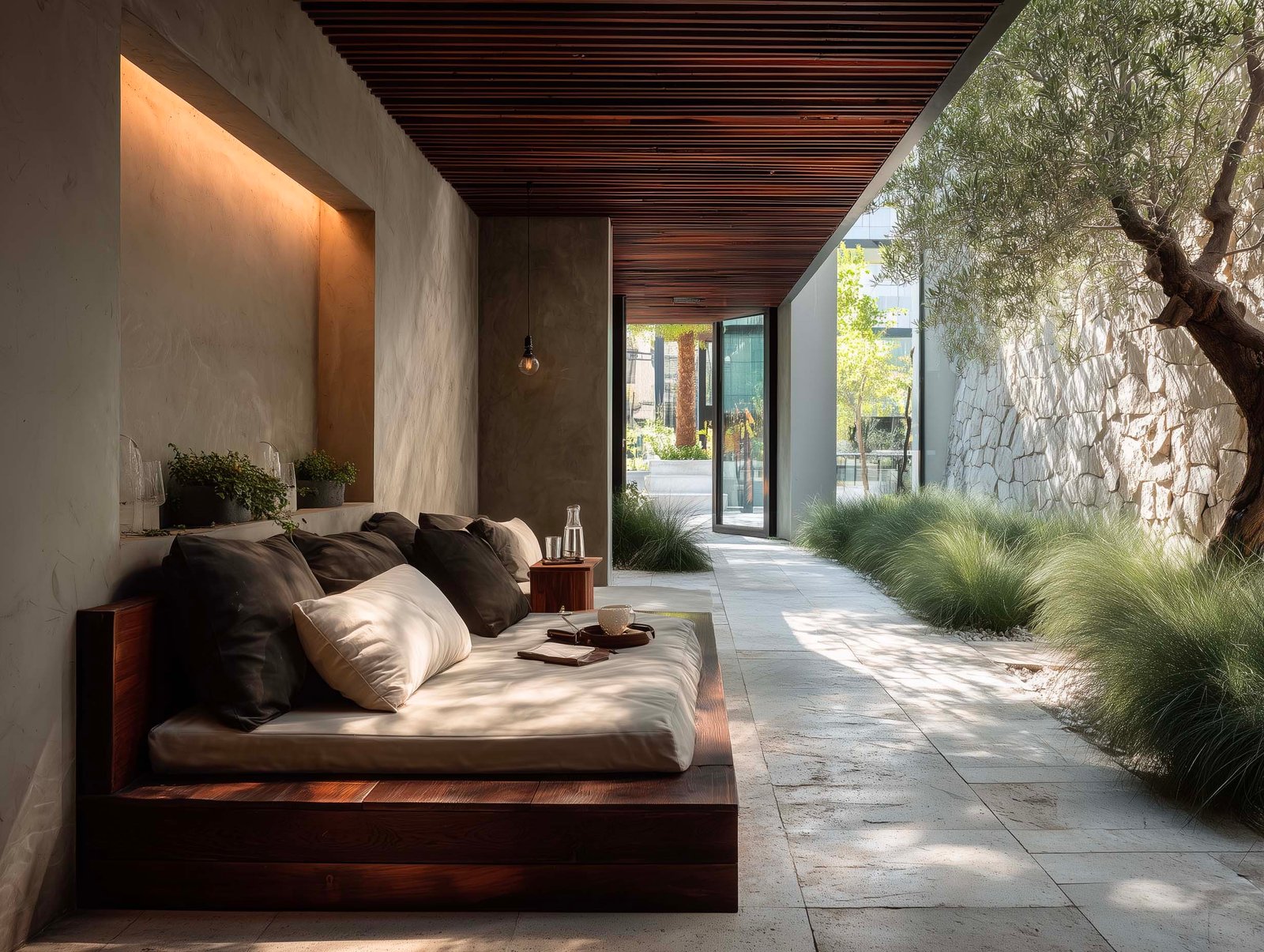 Alcova di recupero post-attività — daybed in noyer sotto pergola a lattes, graminacee, olivier e continuità verso il giardino