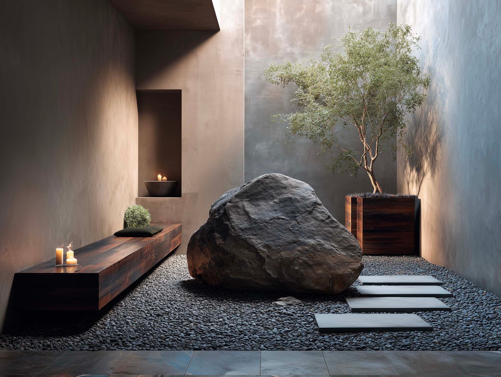 Giardino contemplativo di hotel — roccia sculturale su ghiaia, banc in noyer fumé, jardinière Lignum e muri in intonaco, Paracelsus Gardens™