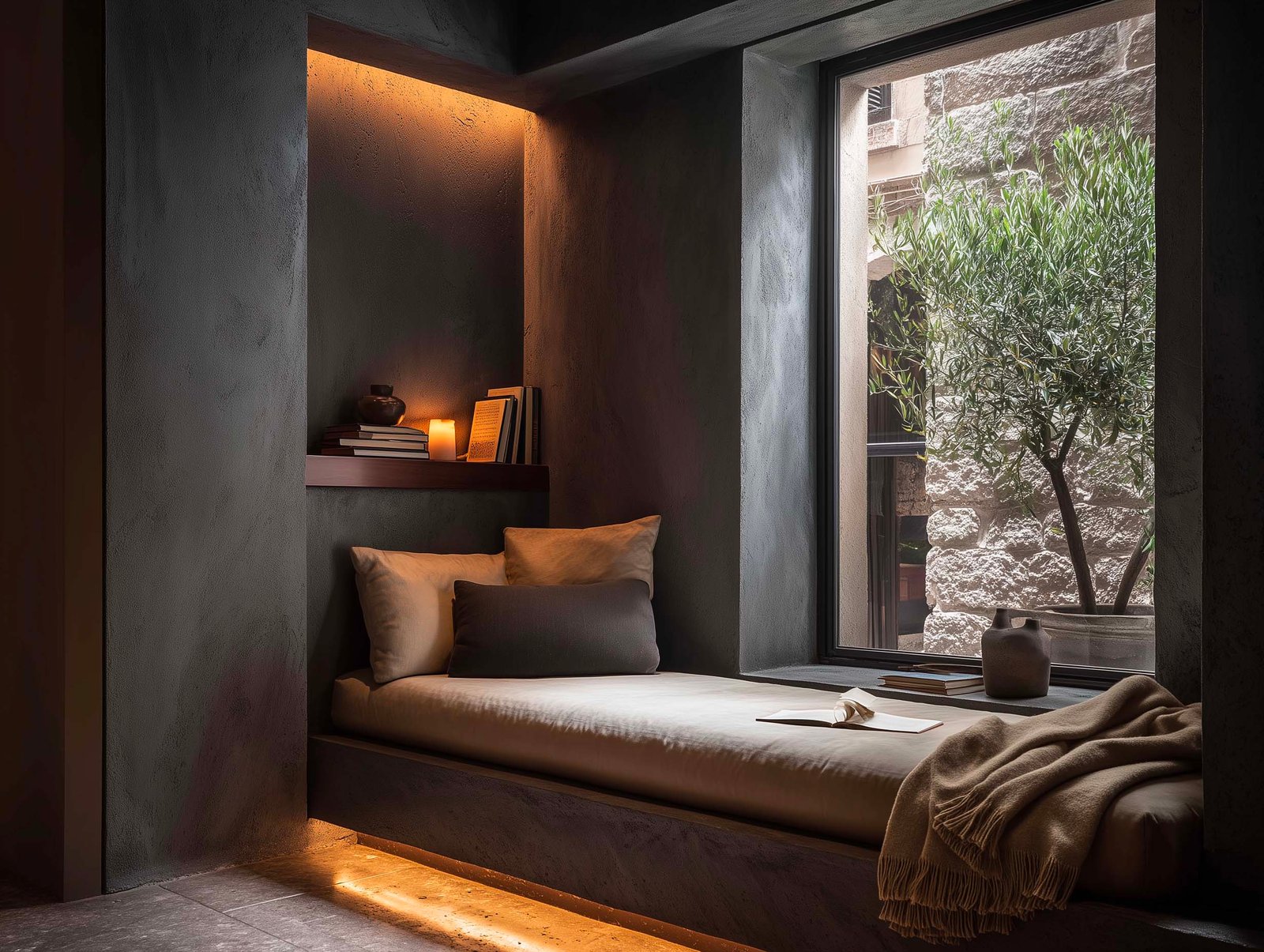 Alcova silenziosa di hotel boutique — daybed incassato in micro-cemento scuro, étagère in noyer con libri e candela, olivier alla finestra