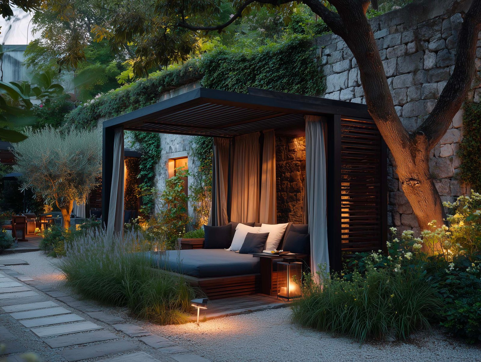 Cabana privata nel giardino di hotel — micro-padiglione in legno scuro con rideaux in lino, lavanda e graminacee, Paracelsus Gardens™